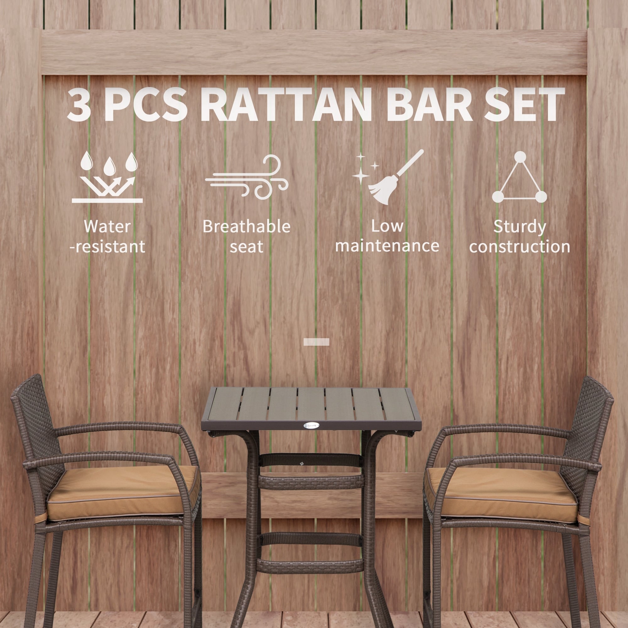 Ensemble de bar et table de conversation d'extérieur en rotin PE Outsunny 3 pièces