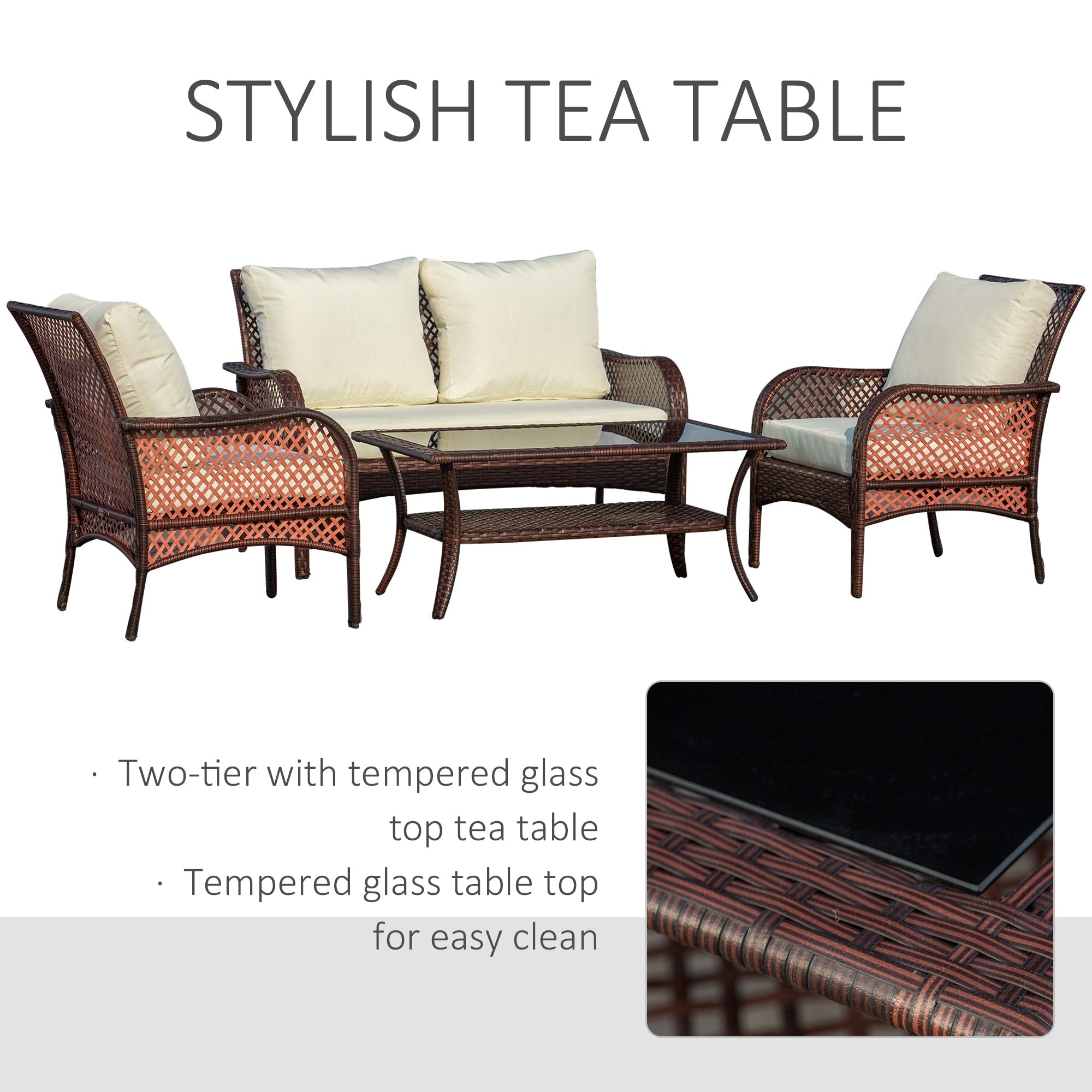 Ensemble de canapés d'extérieur Outsunny 4 pièces en osier, mobilier de salon en rotin synthétique avec 4 chaises et une table, matériau imperméable