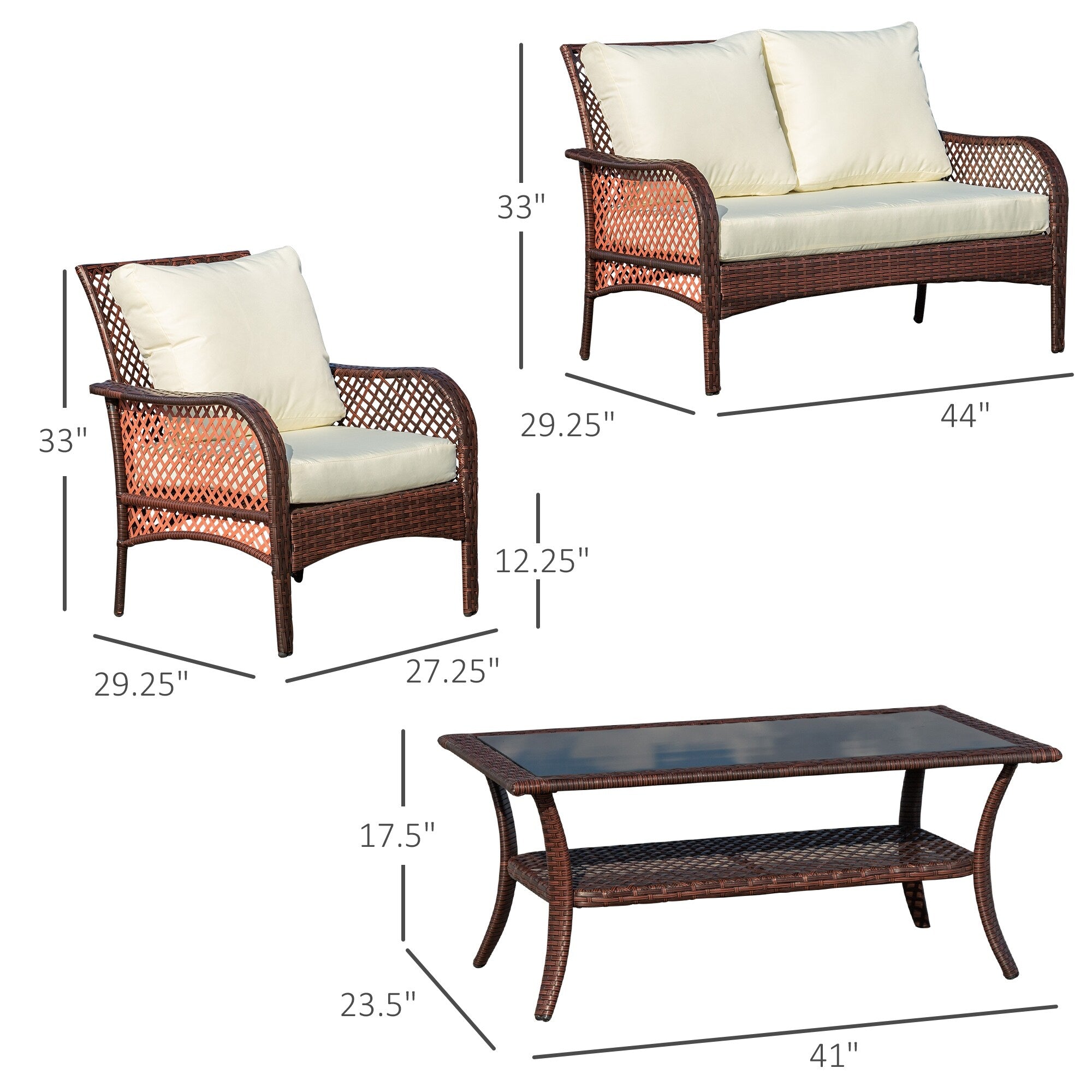 Ensemble de canapés d'extérieur Outsunny 4 pièces en osier, mobilier de salon en rotin synthétique avec 4 chaises et une table, matériau imperméable