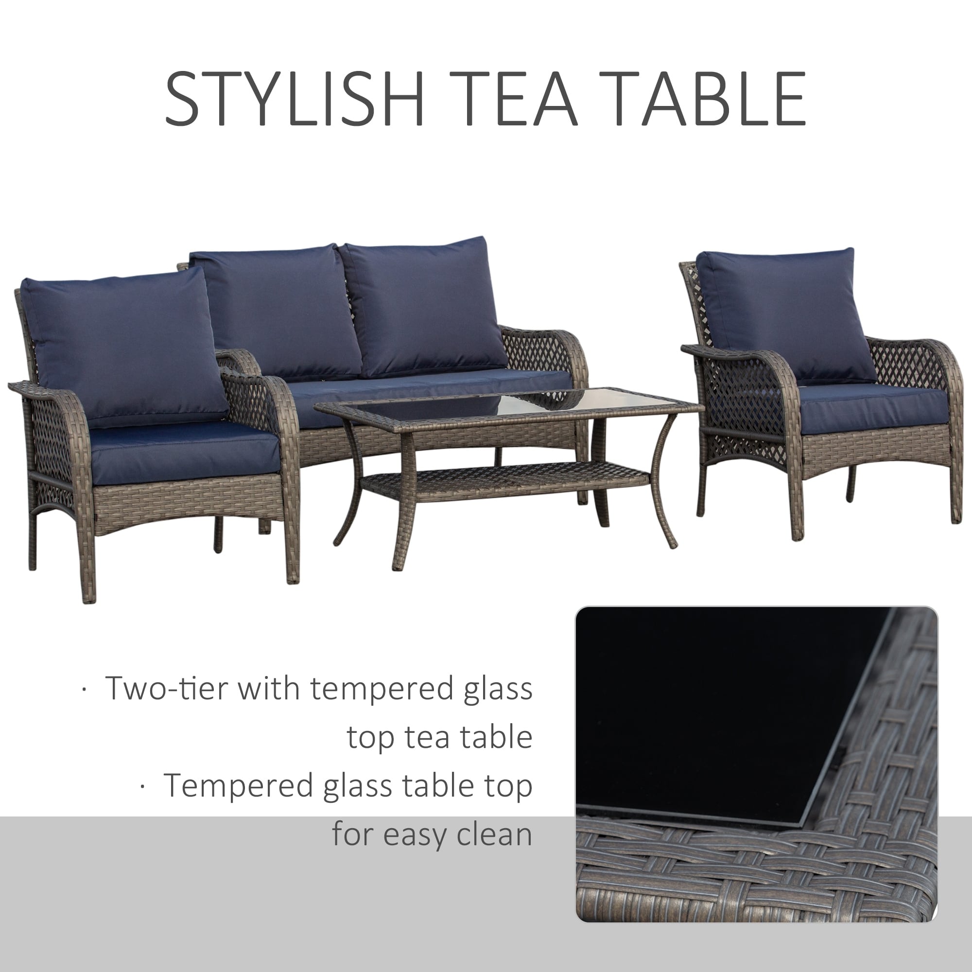 Ensemble de canapés d'extérieur Outsunny 4 pièces en osier, mobilier de salon en rotin synthétique avec 4 chaises et une table, matériau imperméable