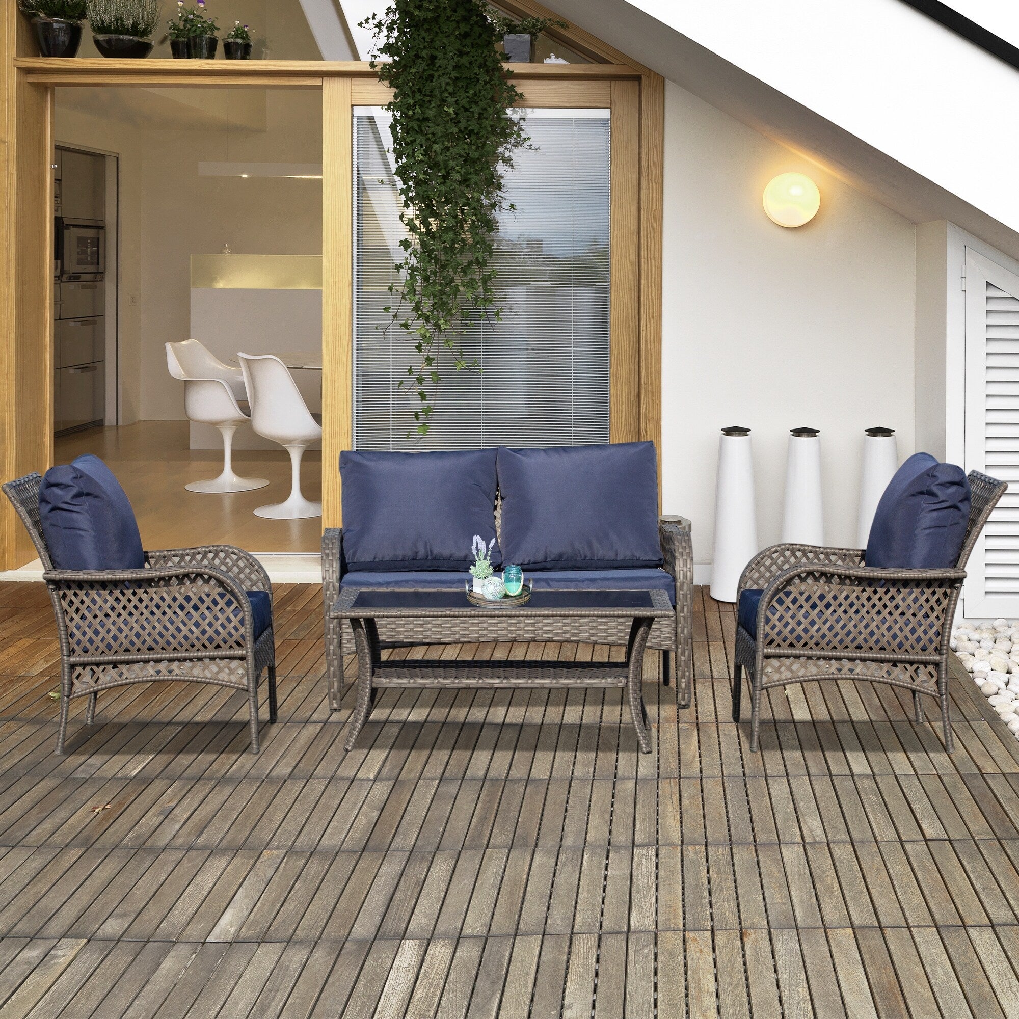 Ensemble de canapés d'extérieur Outsunny 4 pièces en osier, mobilier de salon en rotin synthétique avec 4 chaises et une table, matériau imperméable