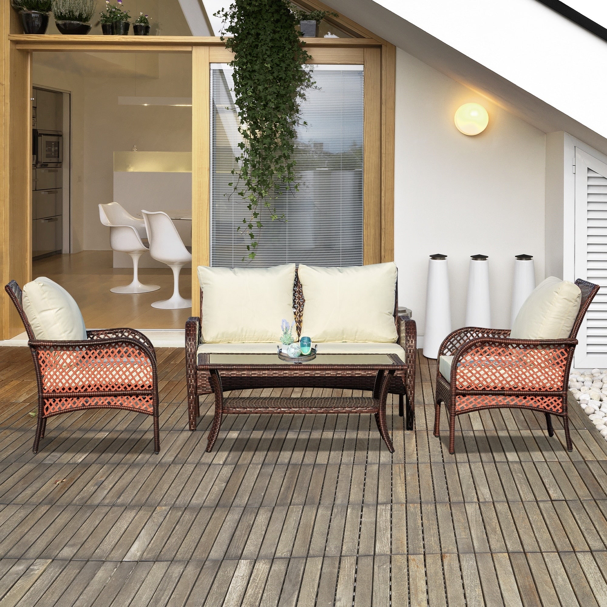 Ensemble de canapés d'extérieur Outsunny 4 pièces en osier, mobilier de salon en rotin synthétique avec 4 chaises et une table, matériau imperméable