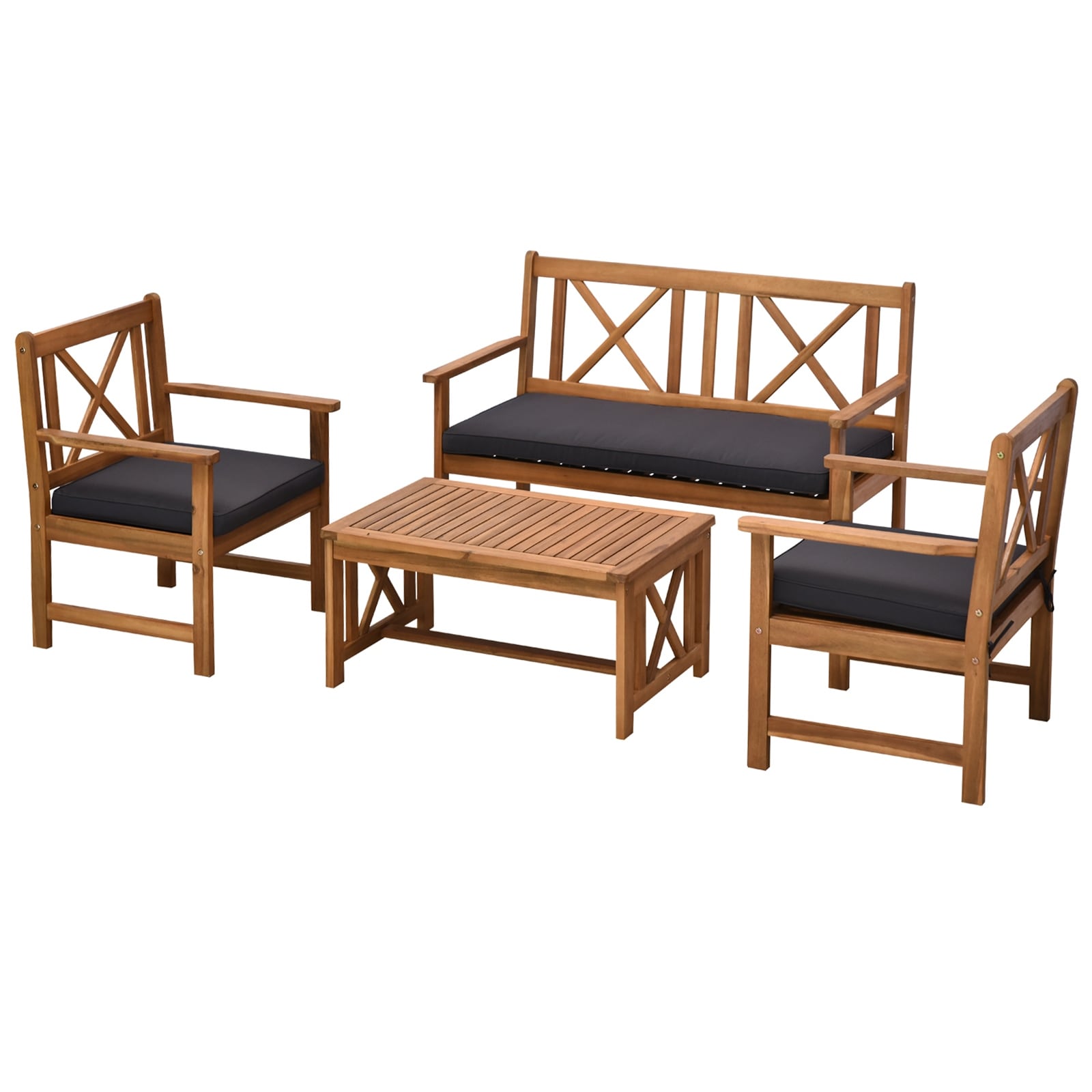 Ensemble de meubles de jardin Outsunny 4 pièces en bois d'acacia avec 2 fauteuils, 1 canapé et 1 table basse, coussins inclus
