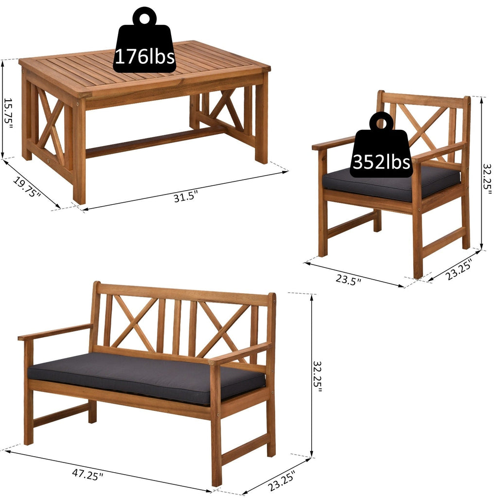 Ensemble de meubles de jardin Outsunny 4 pièces en bois d'acacia avec 2 fauteuils, 1 canapé et 1 table basse, coussins inclus