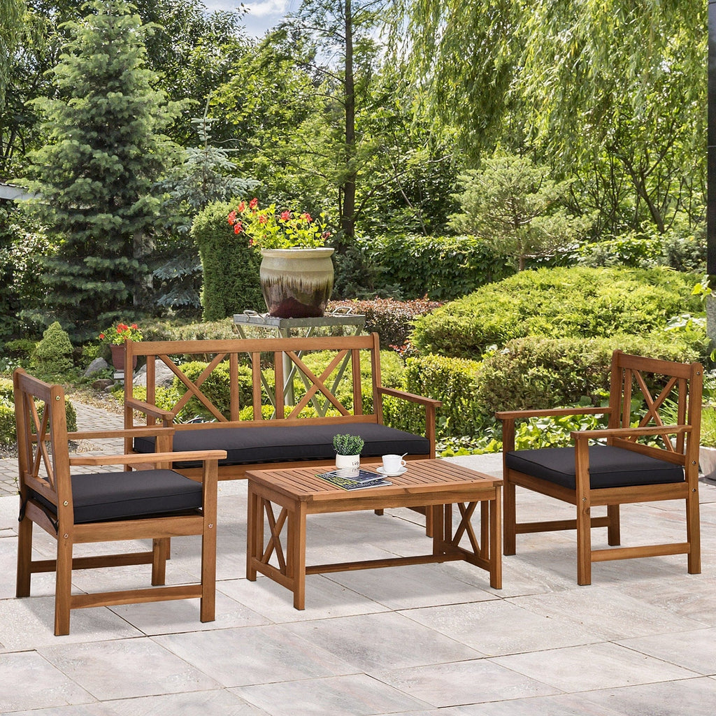 Ensemble de meubles de jardin Outsunny 4 pièces en bois d'acacia avec 2 fauteuils, 1 canapé et 1 table basse, coussins inclus