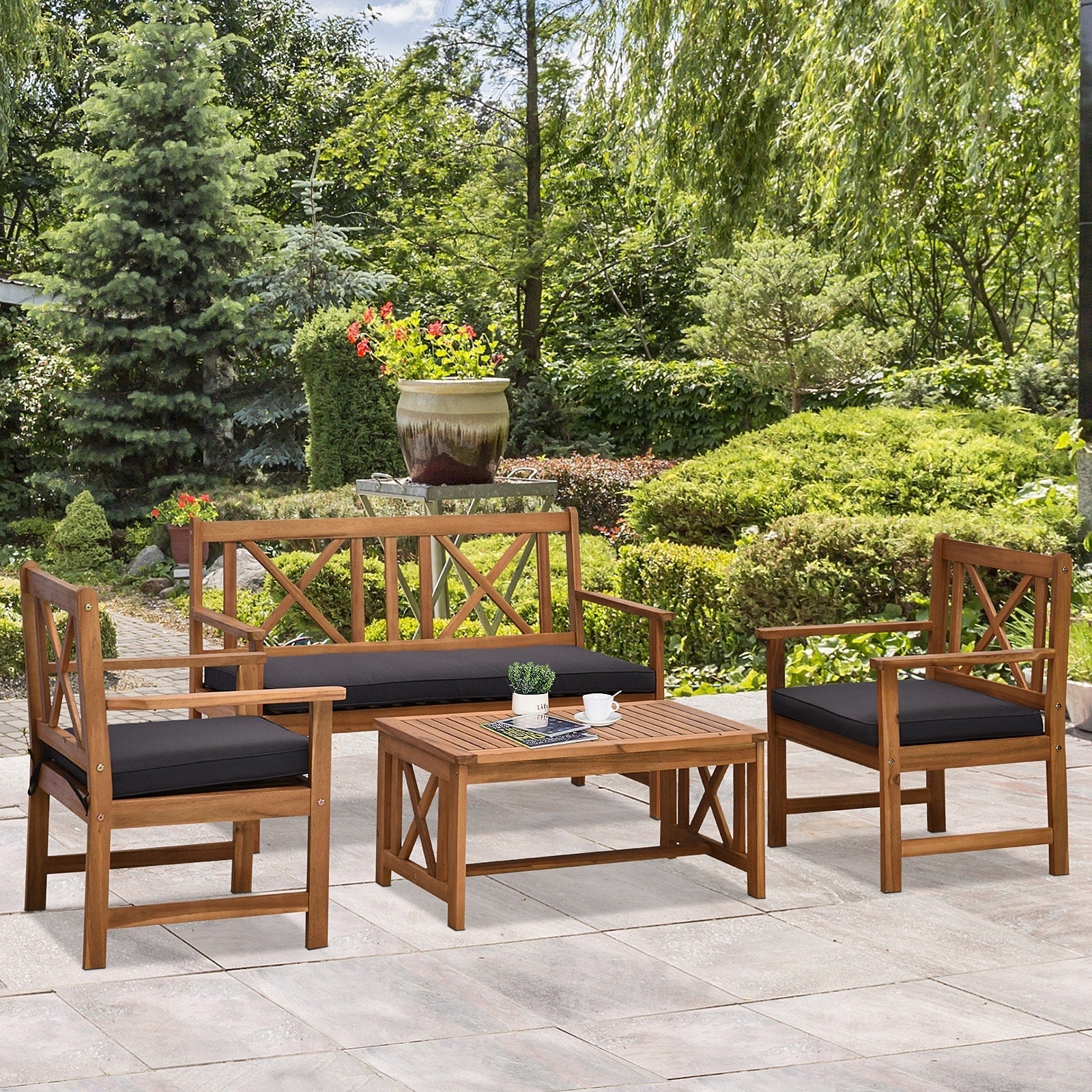 Ensemble de meubles de jardin Outsunny 4 pièces en bois d'acacia avec 2 fauteuils, 1 canapé et 1 table basse, coussins inclus