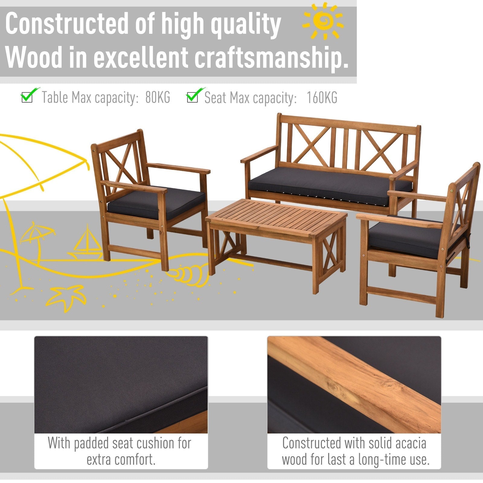Ensemble de meubles de jardin Outsunny 4 pièces en bois d'acacia avec 2 fauteuils, 1 canapé et 1 table basse, coussins inclus