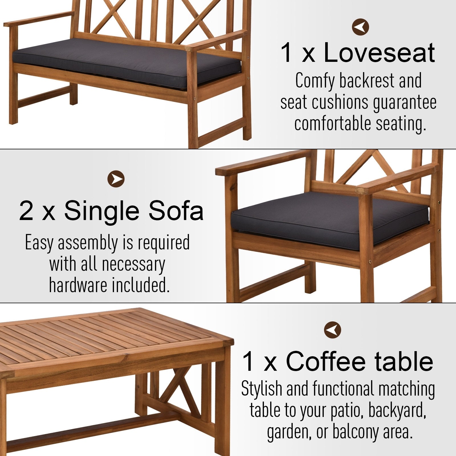 Ensemble de meubles de jardin Outsunny 4 pièces en bois d'acacia avec 2 fauteuils, 1 canapé et 1 table basse, coussins inclus