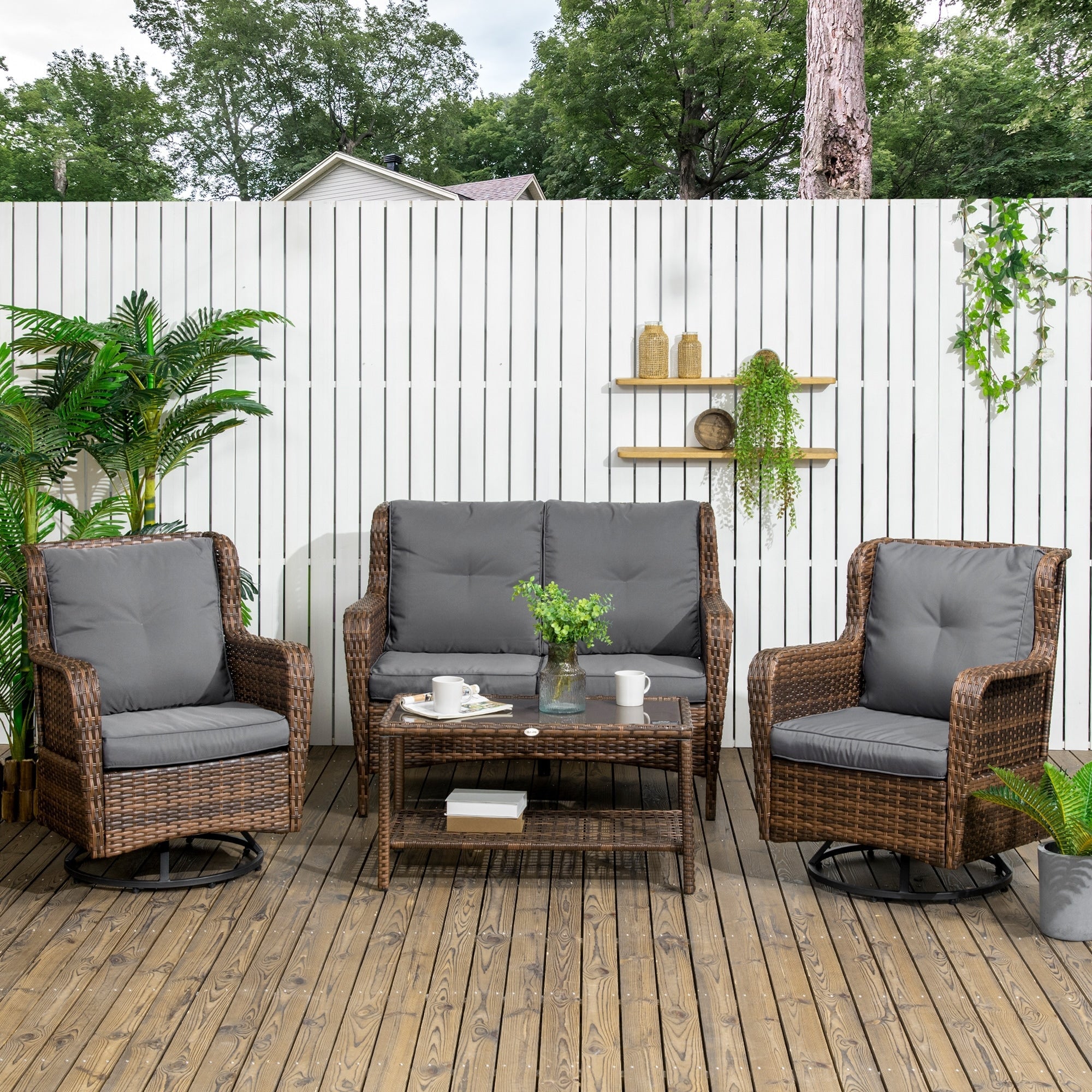 Ensemble de meubles de jardin Outsunny 4 pièces en osier PE, ensemble de conversation avec 2 fauteuils à bascule pivotants à 360°, 1 canapé causeuse