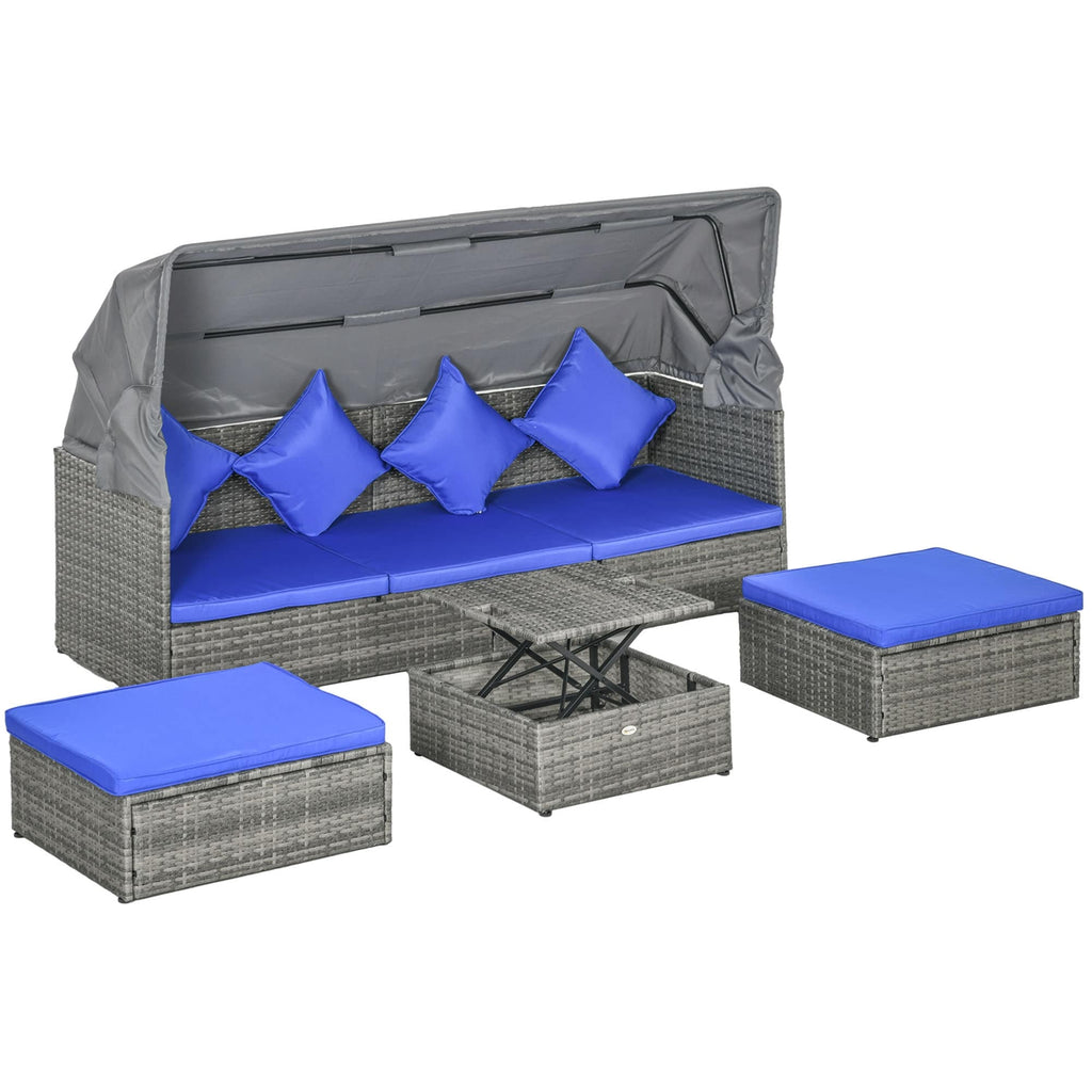Ensemble de meubles de jardin Outsunny 4 pièces avec coussins, méridienne en rotin synthétique avec auvent rétractable et canapé d'extérieur sectionnel