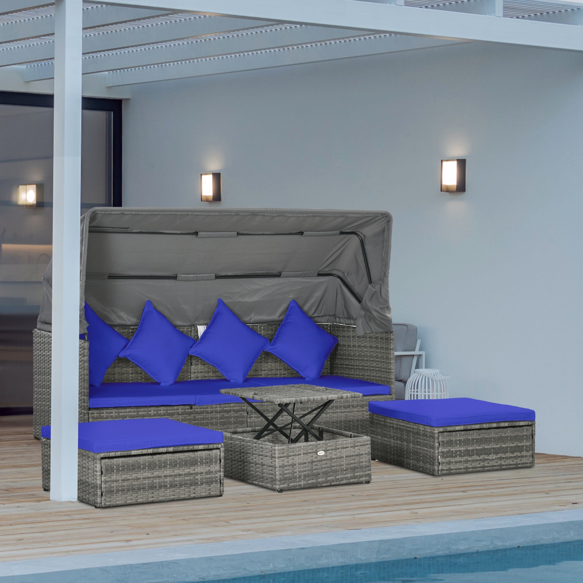 Ensemble de meubles de jardin Outsunny 4 pièces avec coussins, méridienne en rotin synthétique avec auvent rétractable et canapé d'extérieur sectionnel