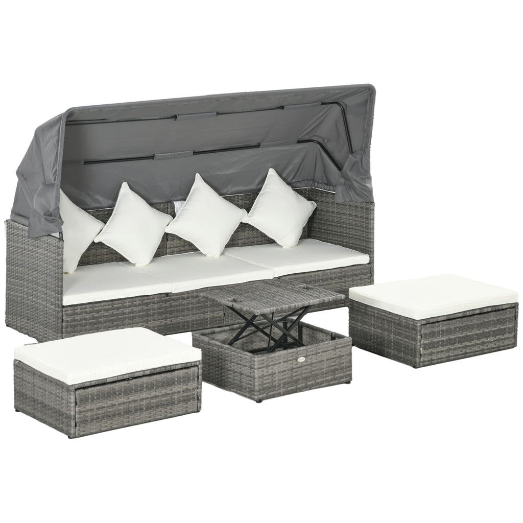 Ensemble de meubles de jardin Outsunny 4 pièces avec coussins, méridienne en rotin synthétique avec auvent rétractable et canapé d'extérieur sectionnel