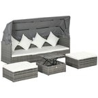 Ensemble de meubles de jardin Outsunny 4 pièces avec coussins, méridienne en rotin synthétique avec auvent rétractable et canapé d'extérieur sectionnel