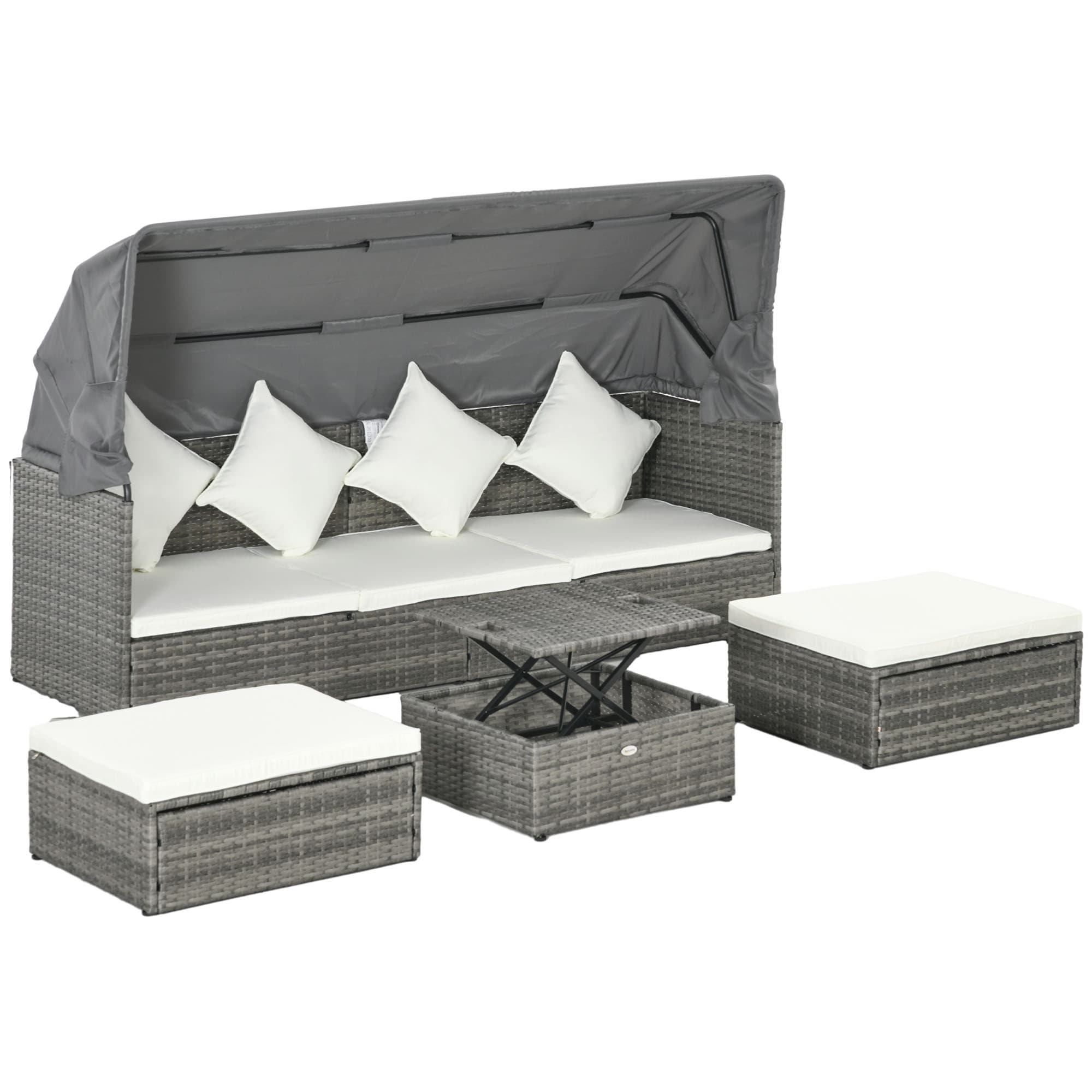 Ensemble de meubles de jardin Outsunny 4 pièces avec coussins, méridienne en rotin synthétique avec auvent rétractable et canapé d'extérieur sectionnel