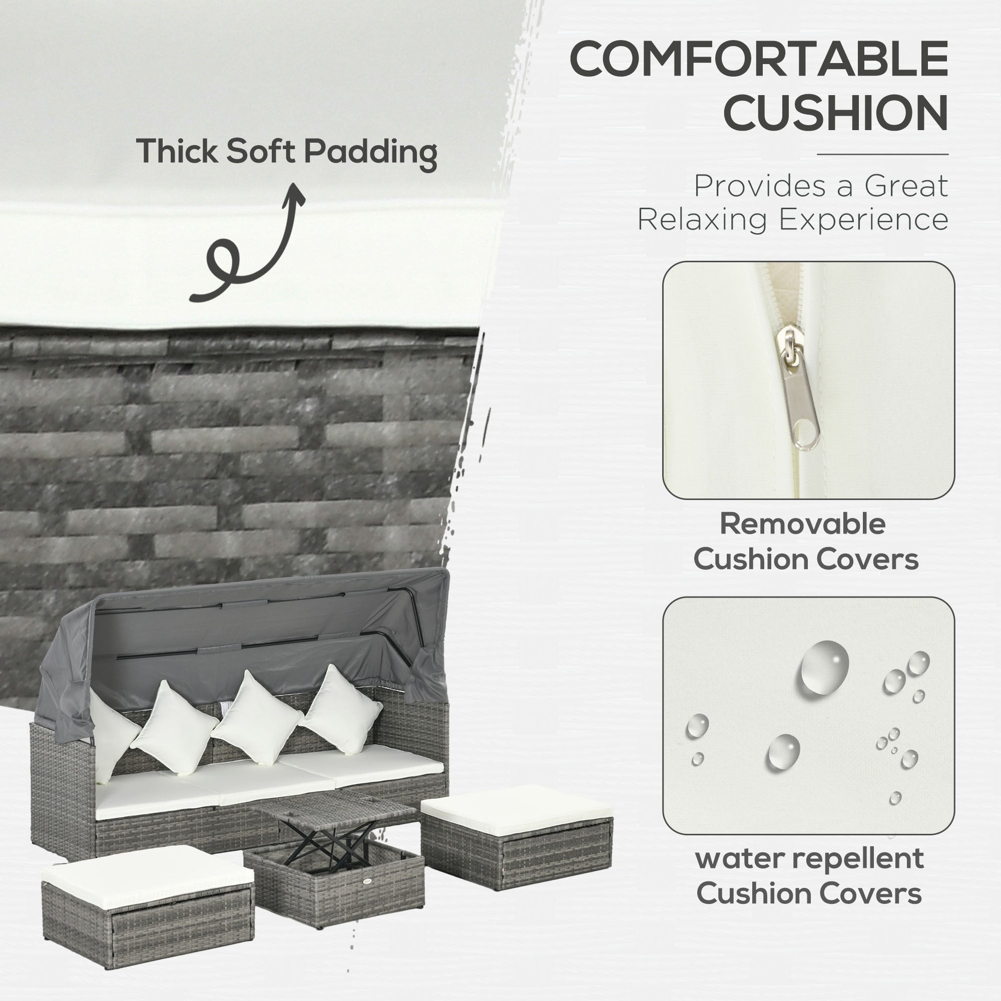 Ensemble de meubles de jardin Outsunny 4 pièces avec coussins, méridienne en rotin synthétique avec auvent rétractable et canapé d'extérieur sectionnel