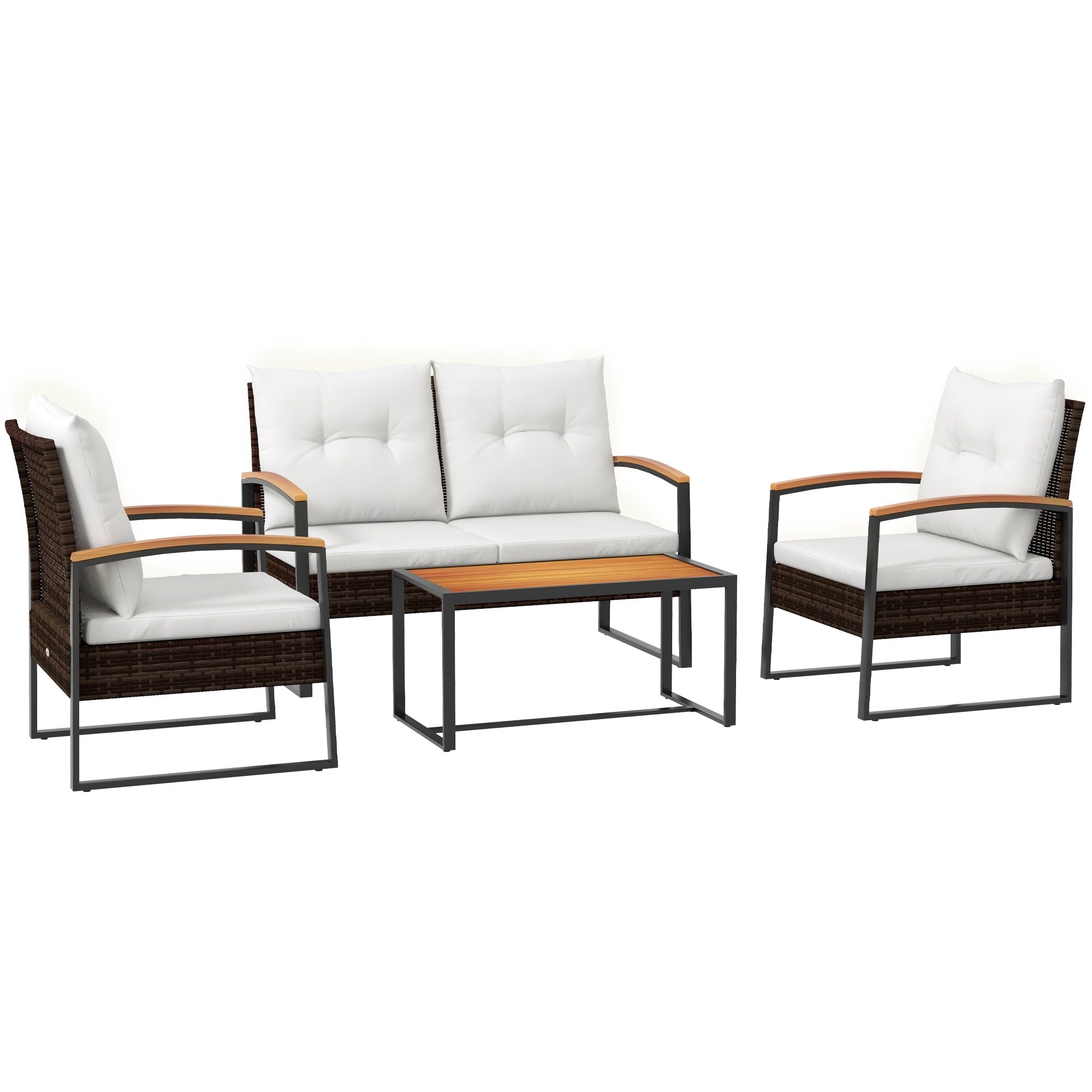 Ensemble de meubles de jardin Outsunny 4 pièces avec canapé en rotin, table en bois, coussins et salon de jardin pour jardin et pelouse