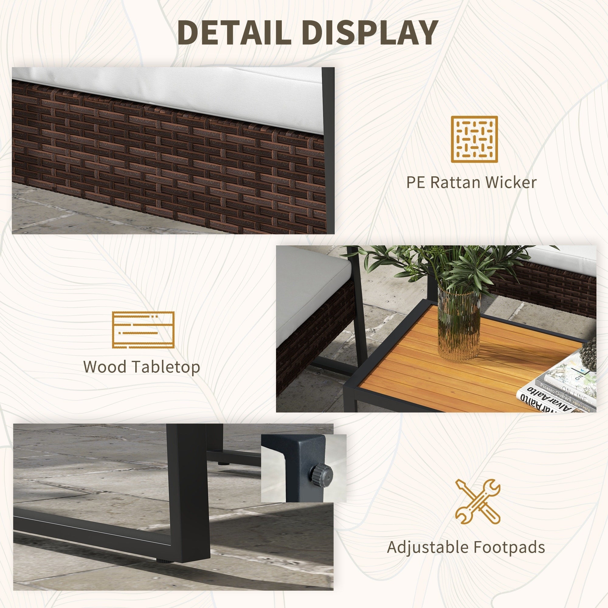 Ensemble de meubles de jardin Outsunny 4 pièces avec canapé en rotin, table en bois, coussins et salon de jardin pour jardin et pelouse