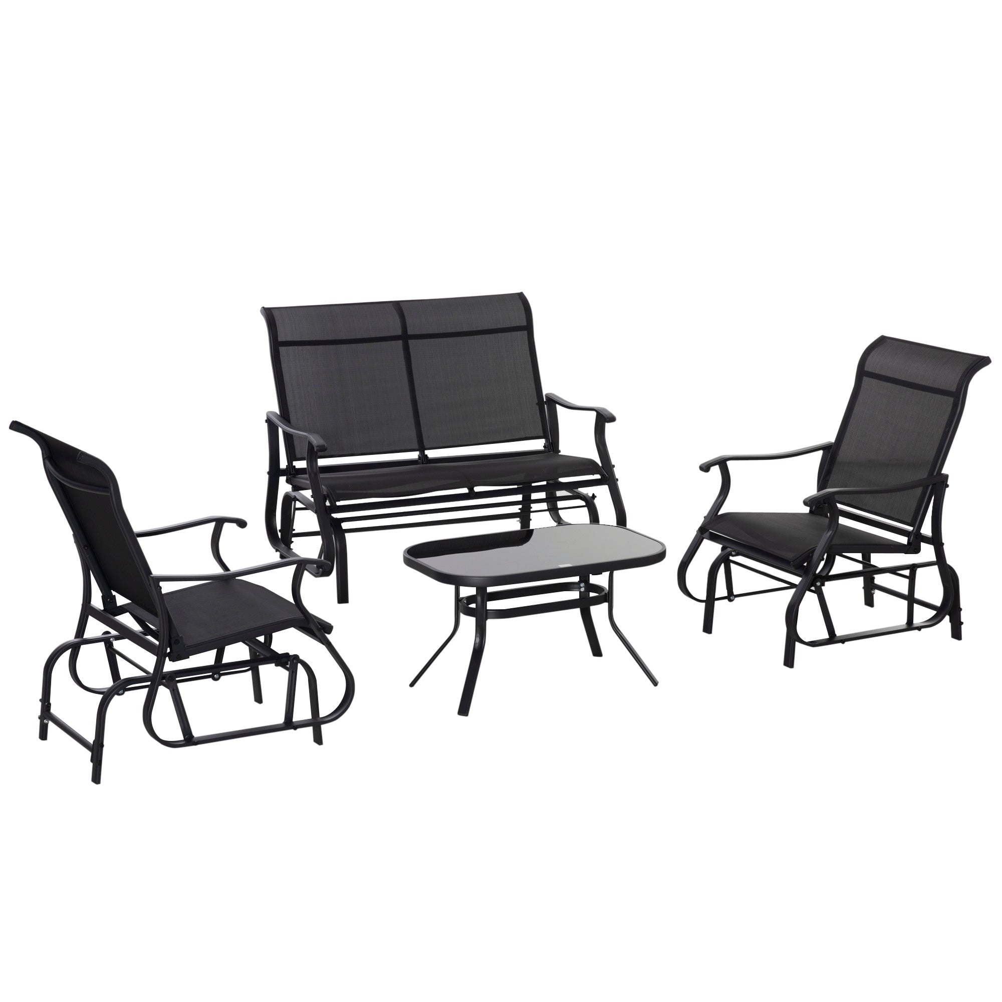 Ensemble de 4 fauteuils planeurs Outsunny, mobilier d'extérieur avec banc de patio planeur pour 2 personnes, fauteuil simple et table basse