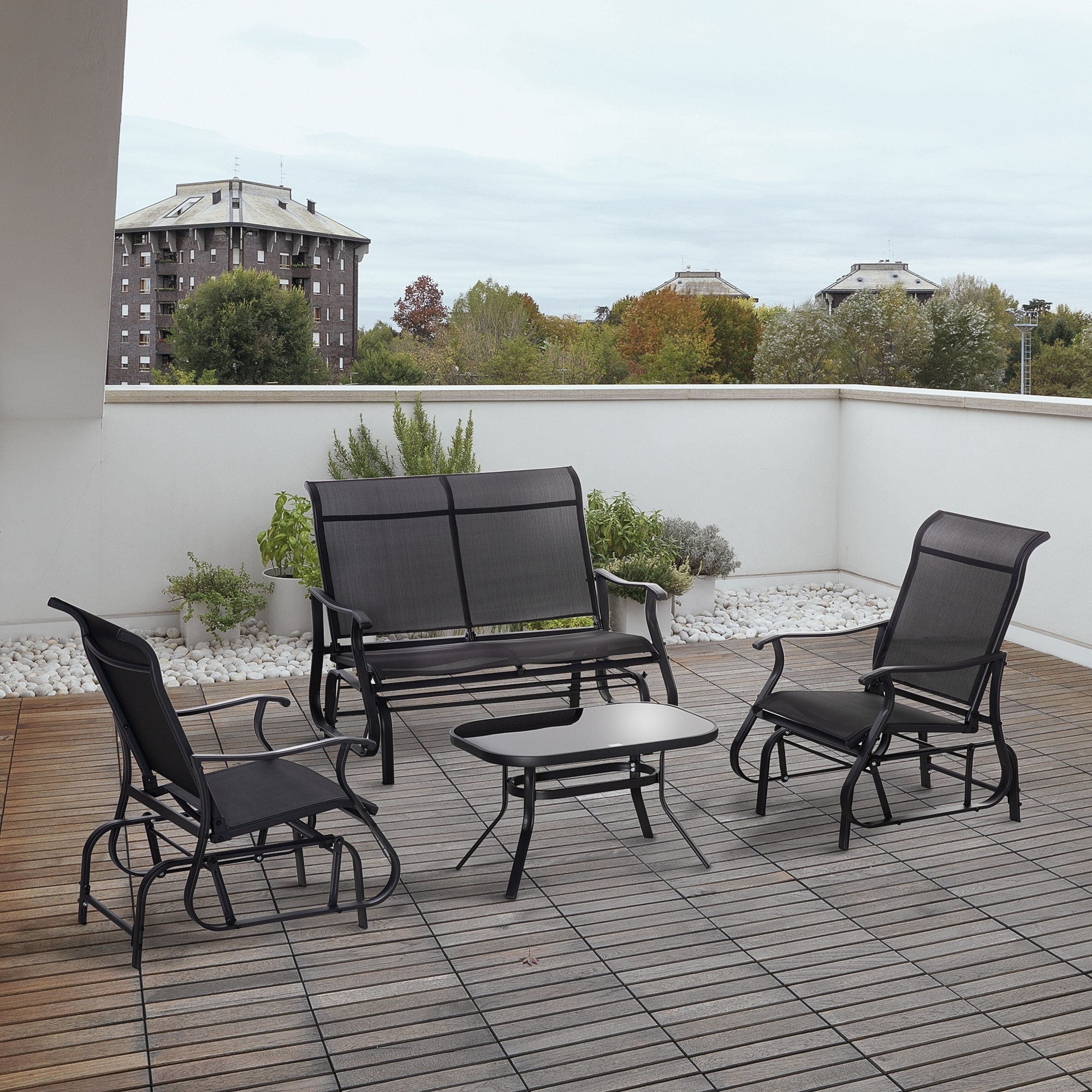 Ensemble de 4 fauteuils planeurs Outsunny, mobilier d'extérieur avec banc de patio planeur pour 2 personnes, fauteuil simple et table basse