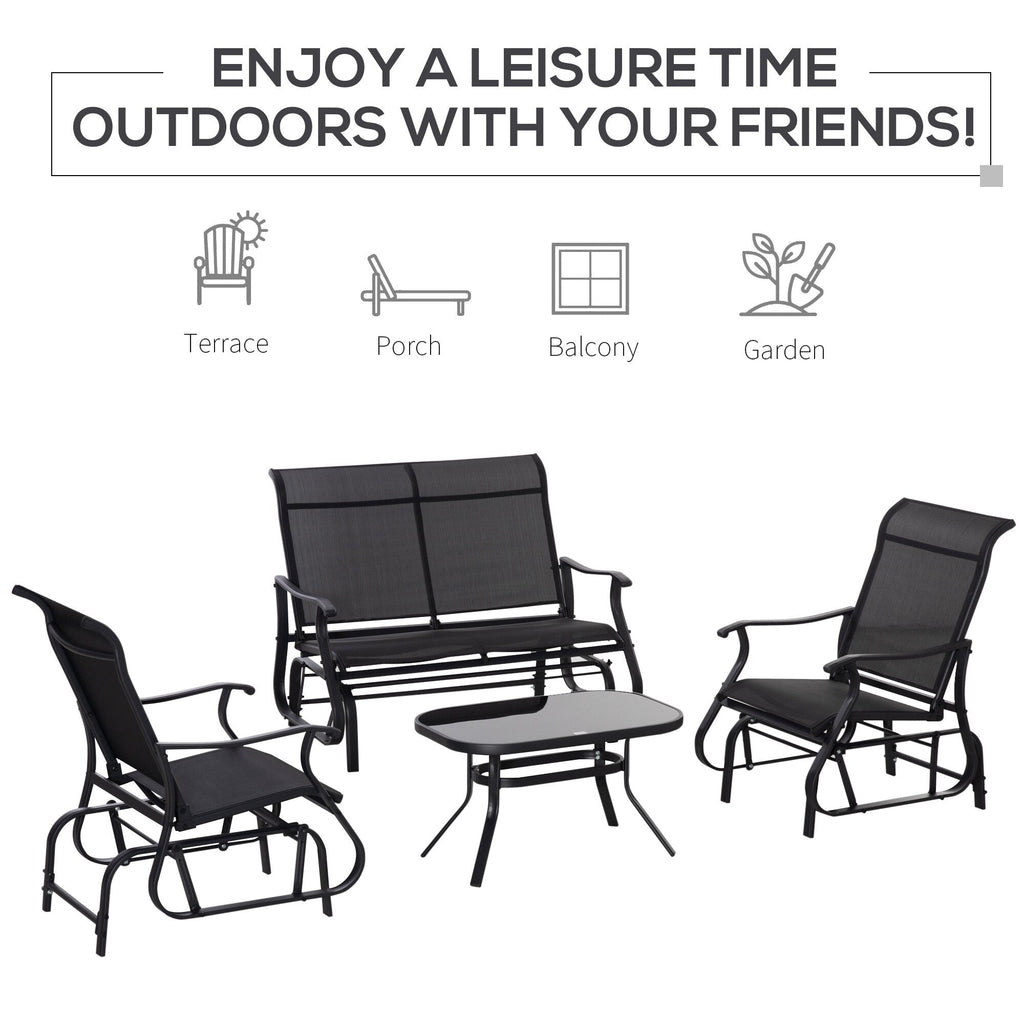 Ensemble de 4 fauteuils planeurs Outsunny, mobilier d'extérieur avec banc de patio planeur pour 2 personnes, fauteuil simple et table basse