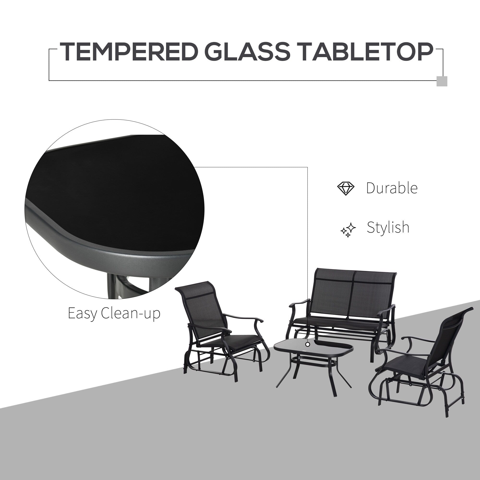 Ensemble de 4 fauteuils planeurs Outsunny, mobilier d'extérieur avec banc de patio planeur pour 2 personnes, fauteuil simple et table basse
