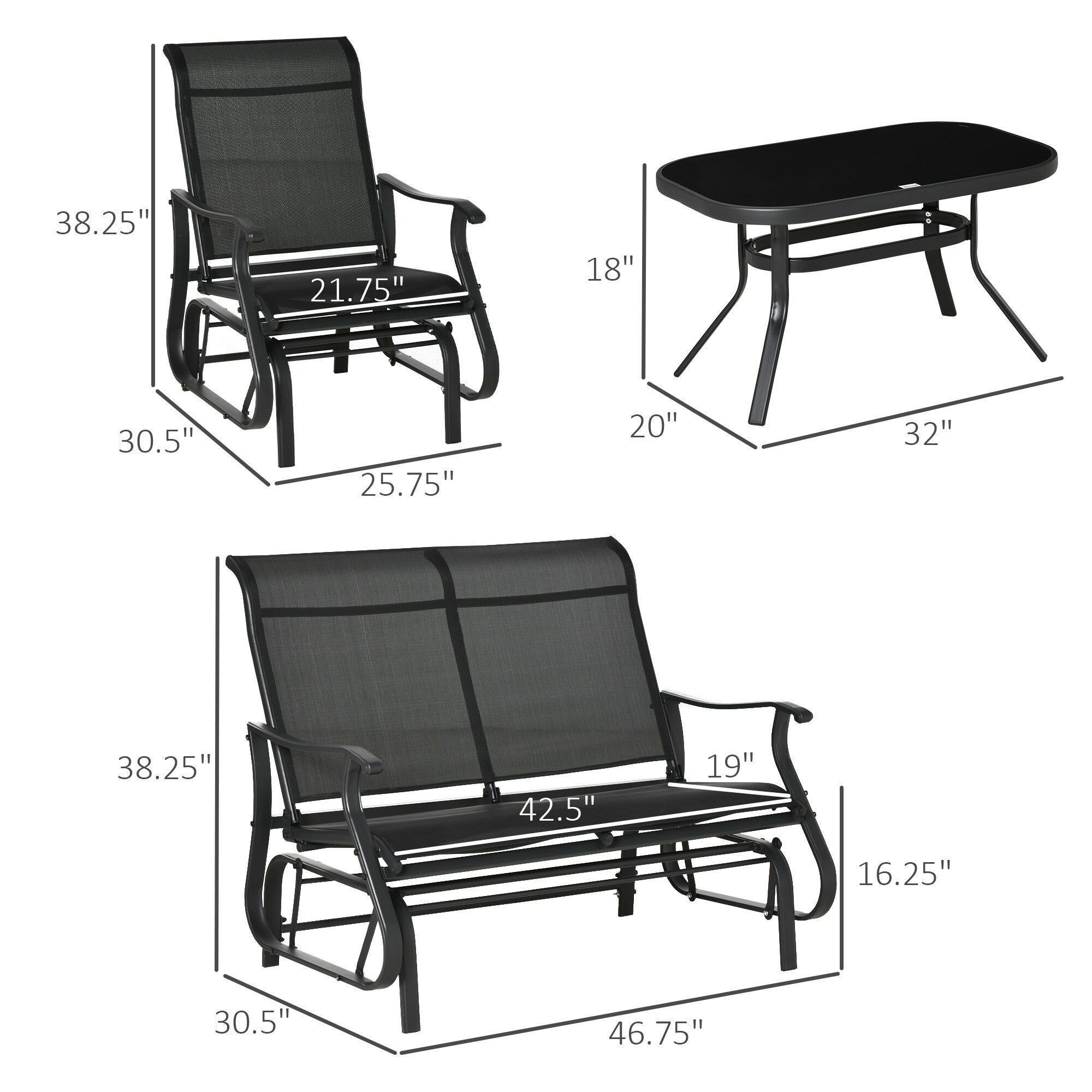 Ensemble de 4 fauteuils planeurs Outsunny, mobilier d'extérieur avec banc de patio planeur pour 2 personnes, fauteuil simple et table basse
