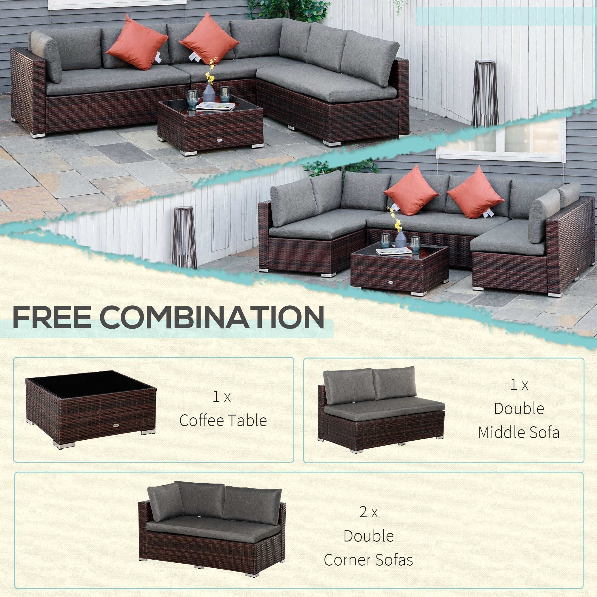 Ensemble de canapés de jardin Outsunny 4 pièces en rotin synthétique, mobilier d'extérieur 6 places, toutes saisons