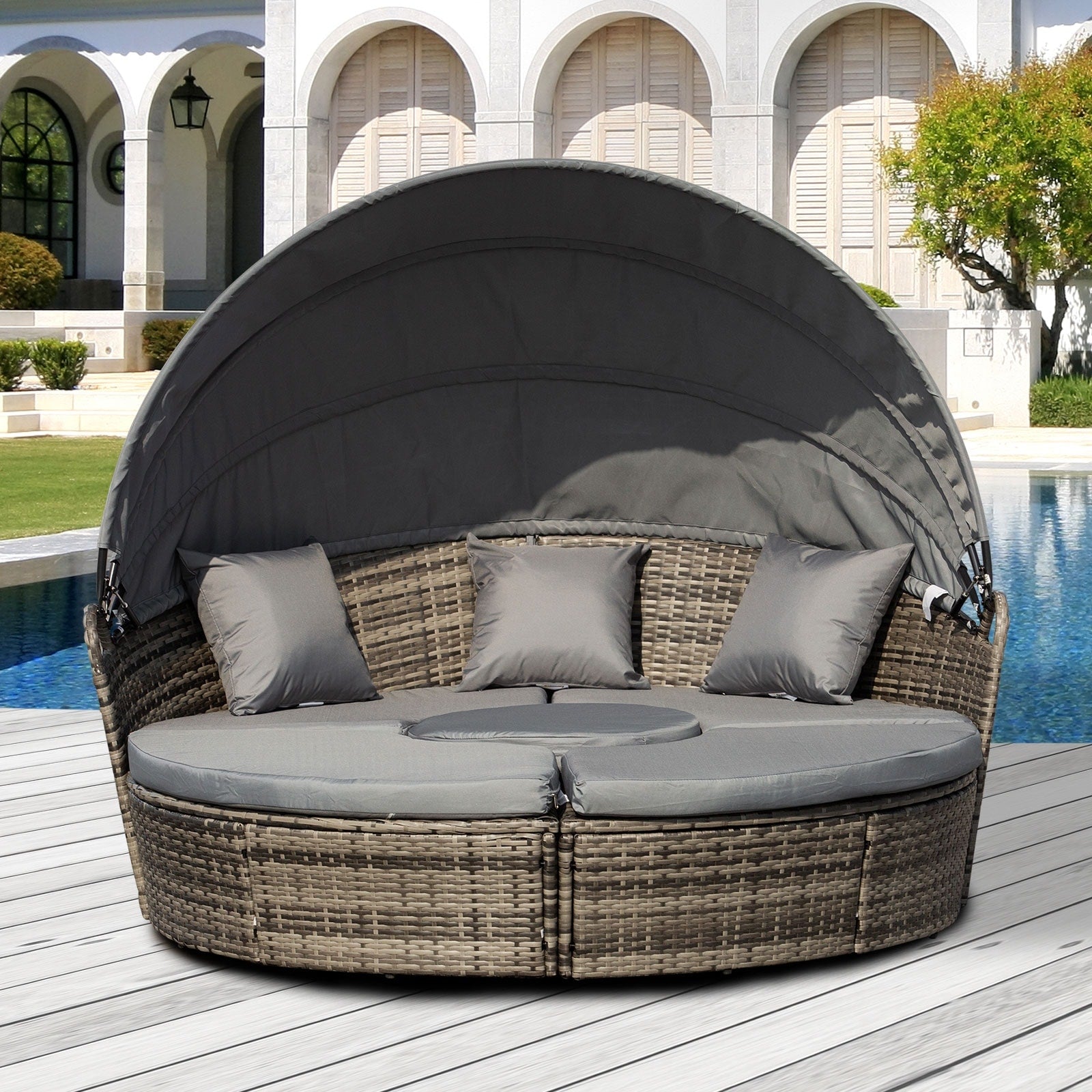 Outsunny Ensemble de 4 chaises longues rondes ou canapés d'extérieur rembourrés en rotin avec pare-soleil