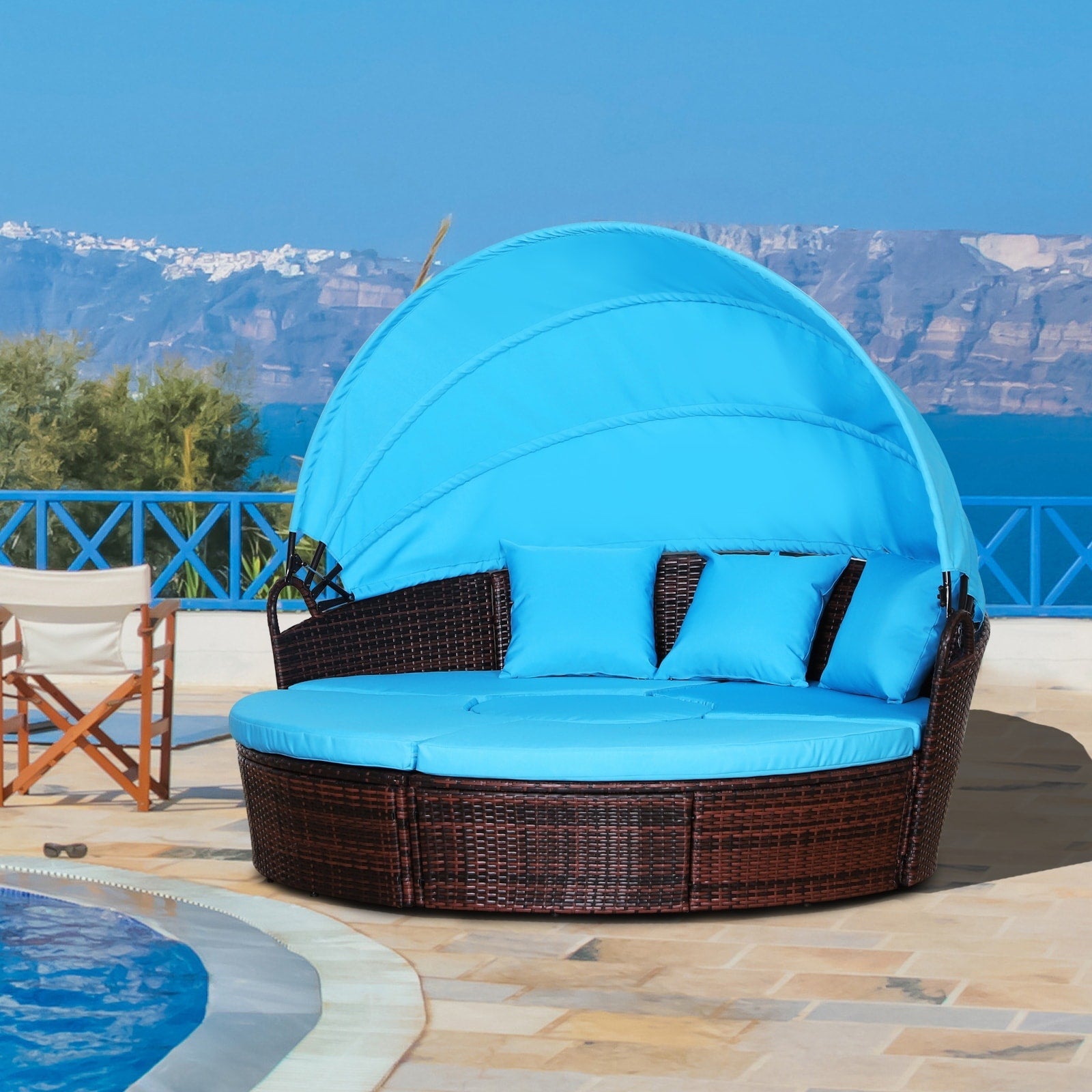 Outsunny Ensemble de 4 chaises longues rondes ou canapés d'extérieur rembourrés en rotin avec pare-soleil