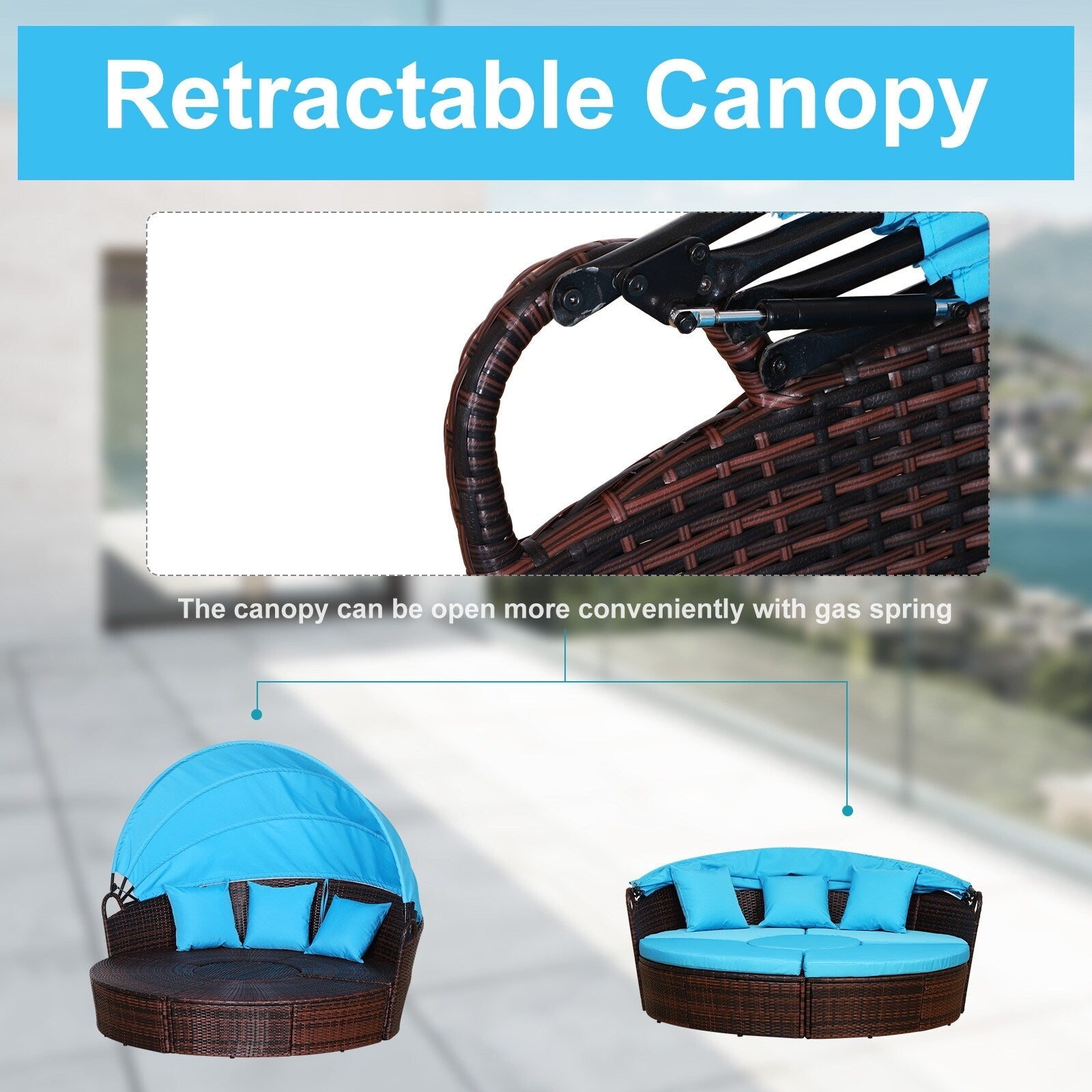 Outsunny Ensemble de 4 chaises longues rondes ou canapés d'extérieur rembourrés en rotin avec pare-soleil