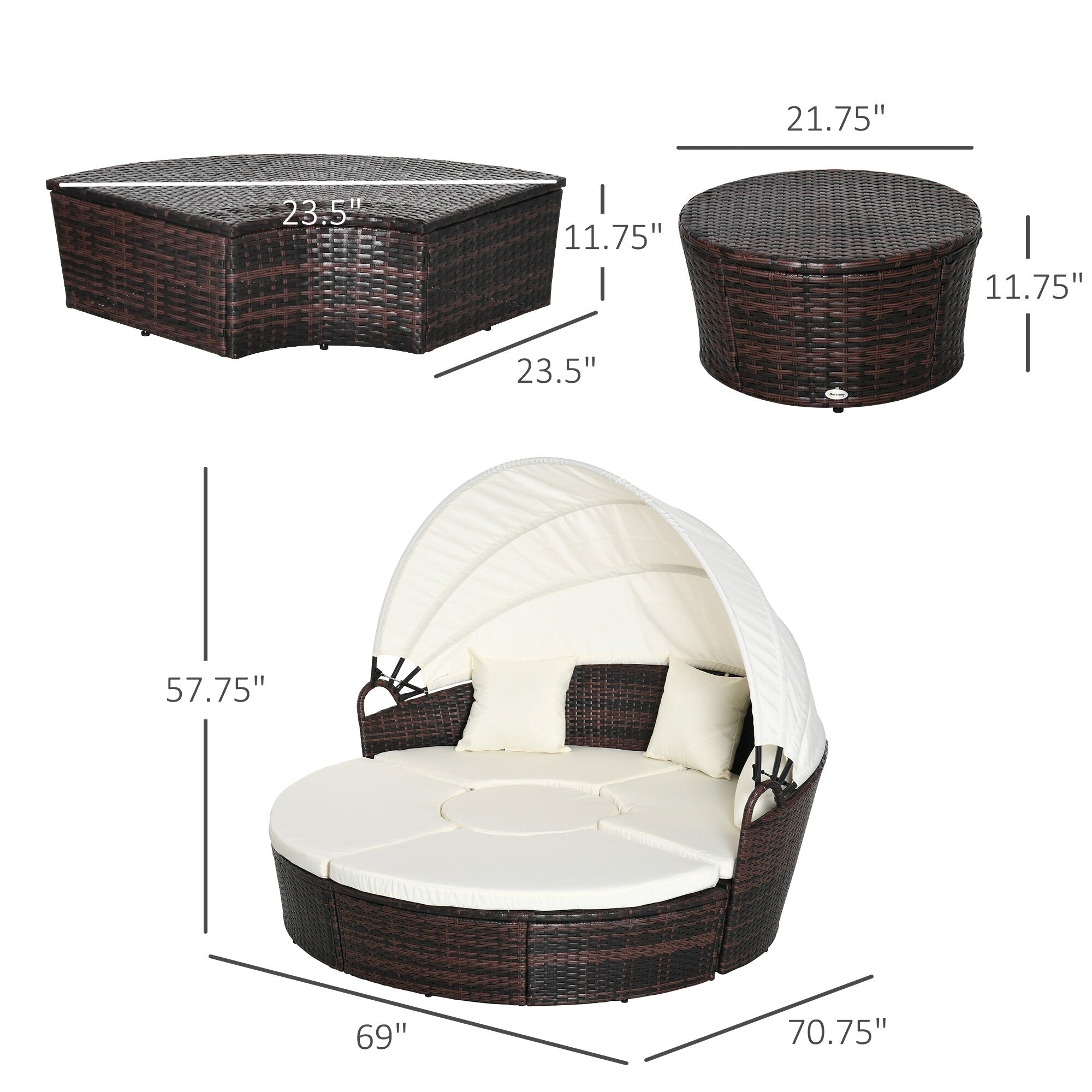 Outsunny Ensemble de 4 chaises longues rondes ou canapés d'extérieur rembourrés en rotin avec pare-soleil