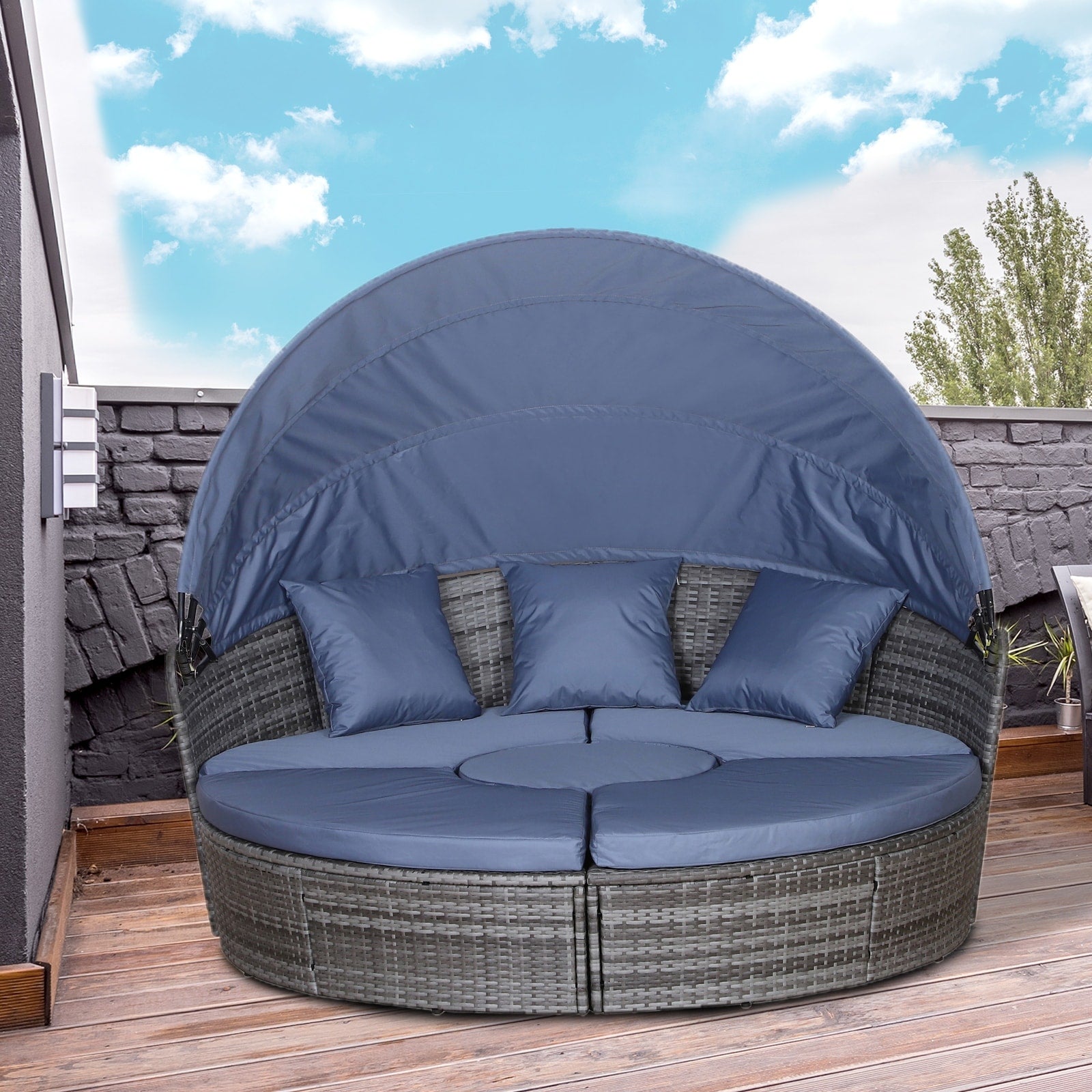 Outsunny Ensemble de 4 chaises longues rondes ou canapés d'extérieur rembourrés en rotin avec pare-soleil