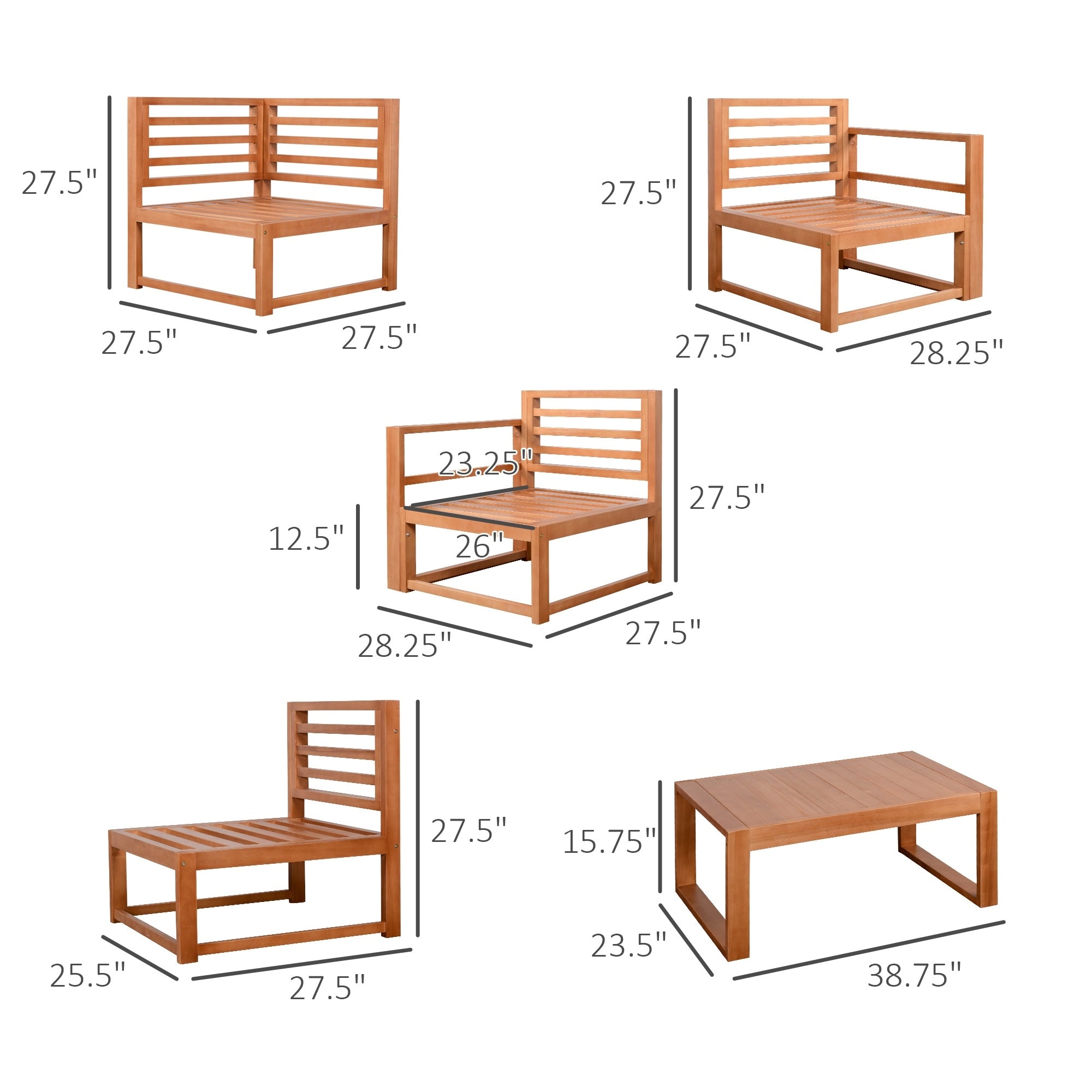 Ensemble de meubles de jardin Outsunny 5 pièces en L, canapé d'extérieur en bois, gris