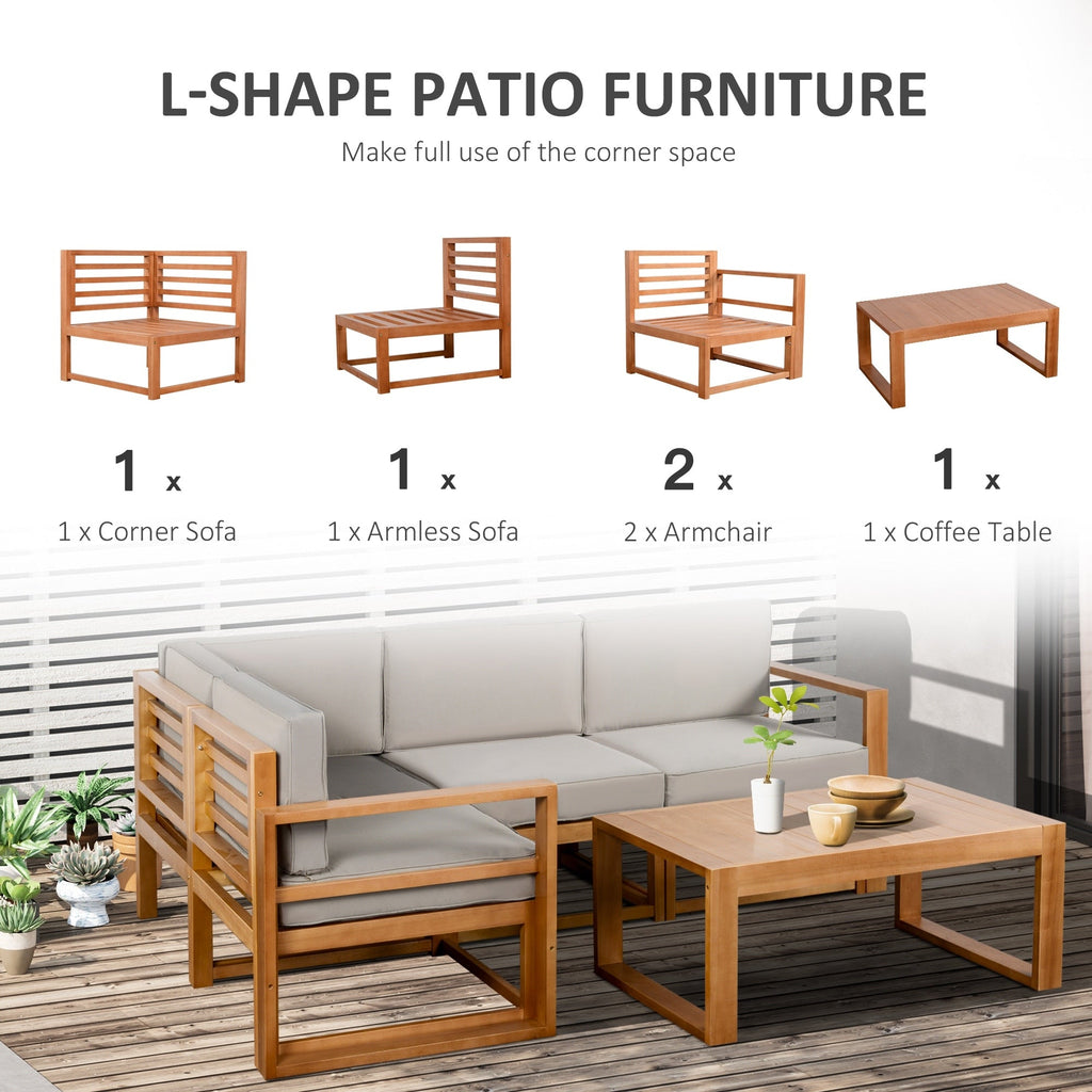 Ensemble de meubles de jardin Outsunny 5 pièces en L, canapé d'extérieur en bois, gris