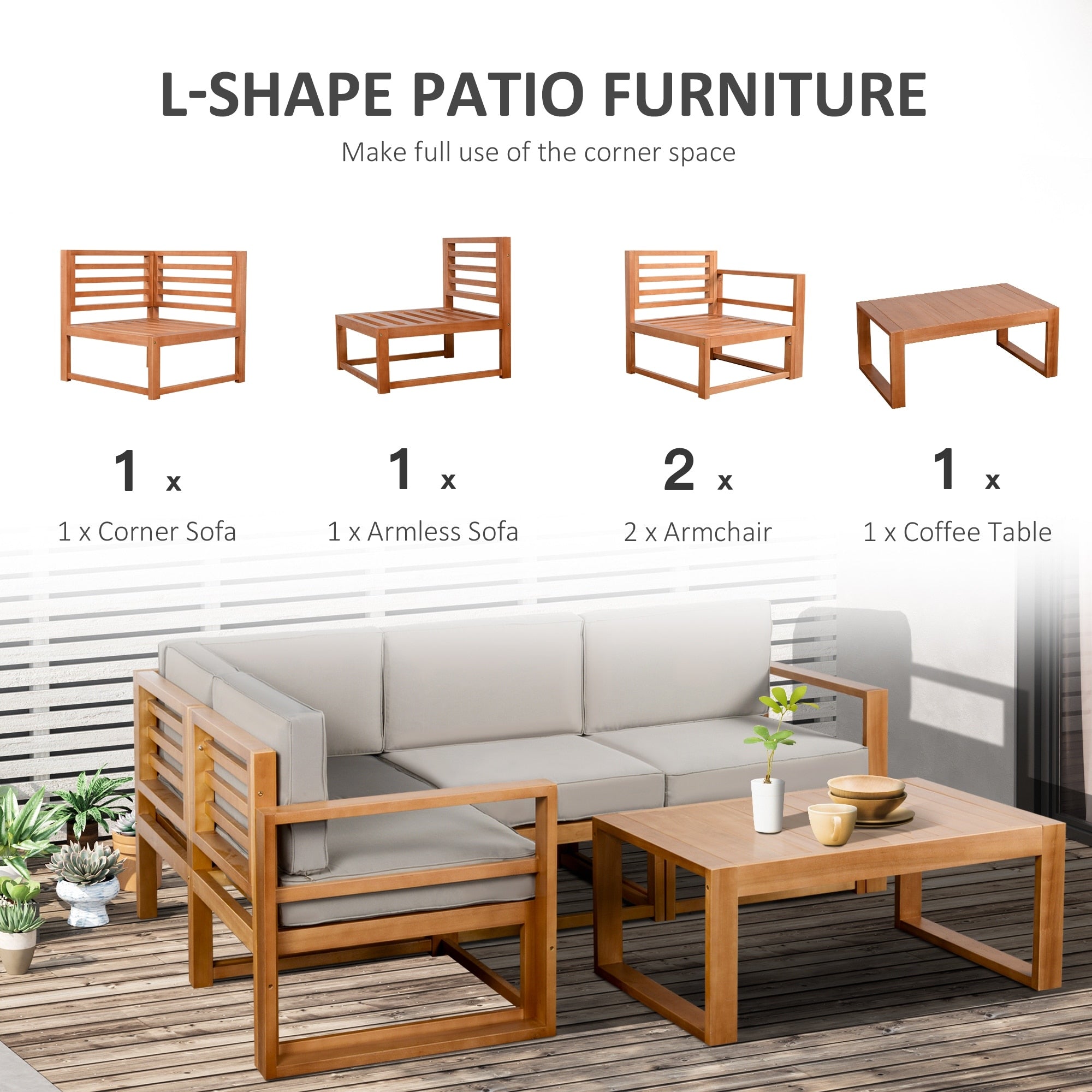 Ensemble de meubles de jardin Outsunny 5 pièces en L, canapé d'extérieur en bois, gris
