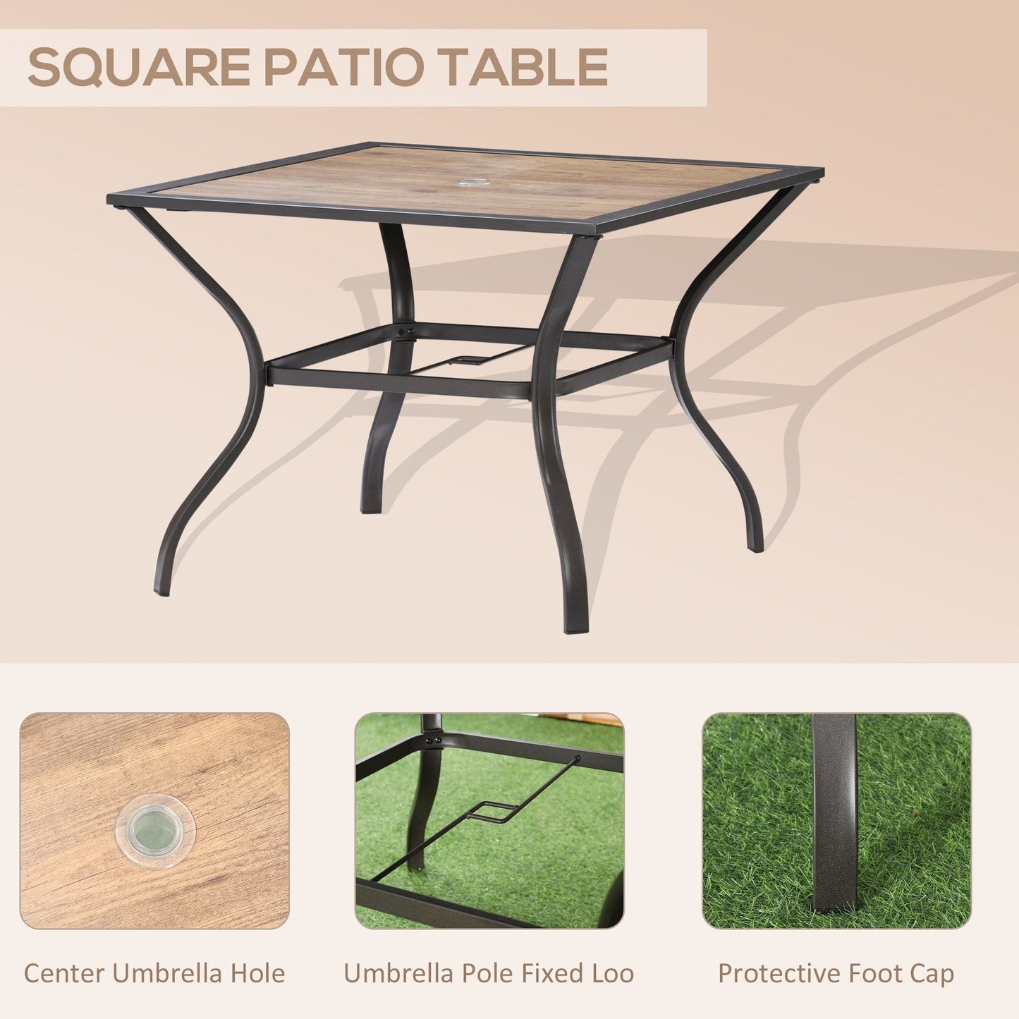 Ensemble de salle à manger d'extérieur Outsunny 5 pièces, 4 chaises à bascule pivotantes et une table à manger 37 x 37 avec trou pour parasol