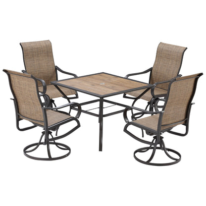 Ensemble de salle à manger d'extérieur Outsunny 5 pièces, 4 chaises à bascule pivotantes et une table à manger 37 x 37 avec trou pour parasol