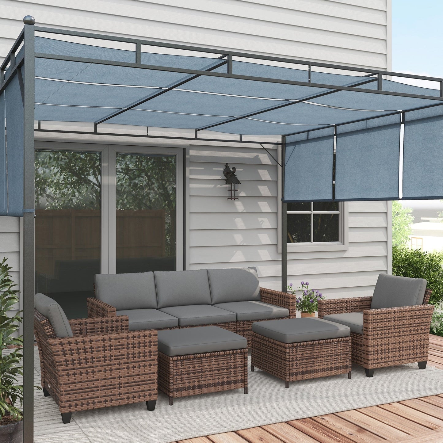Ensemble de meubles de jardin Outsunny 5 pièces avec coussins, salon de jardin avec canapé trois places en rotin, chaises et repose-pieds
