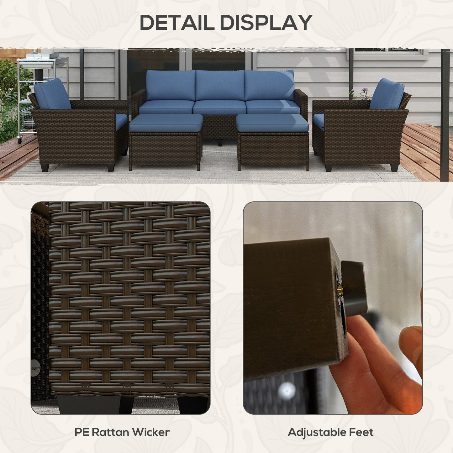 Ensemble de meubles de jardin Outsunny 5 pièces avec coussins, salon de jardin avec canapé trois places en rotin, chaises et repose-pieds