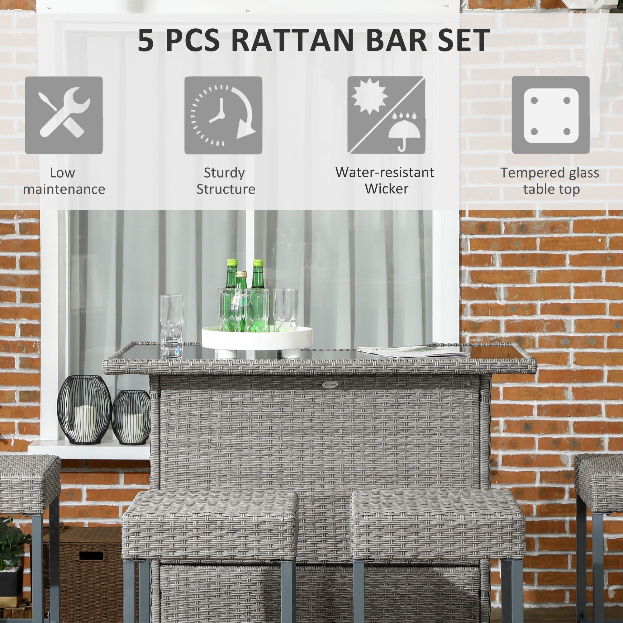 Ensemble de bar Outsunny 5 pièces en rotin et osier, table et chaises d'extérieur hautes, ensemble de patio hauteur bar
