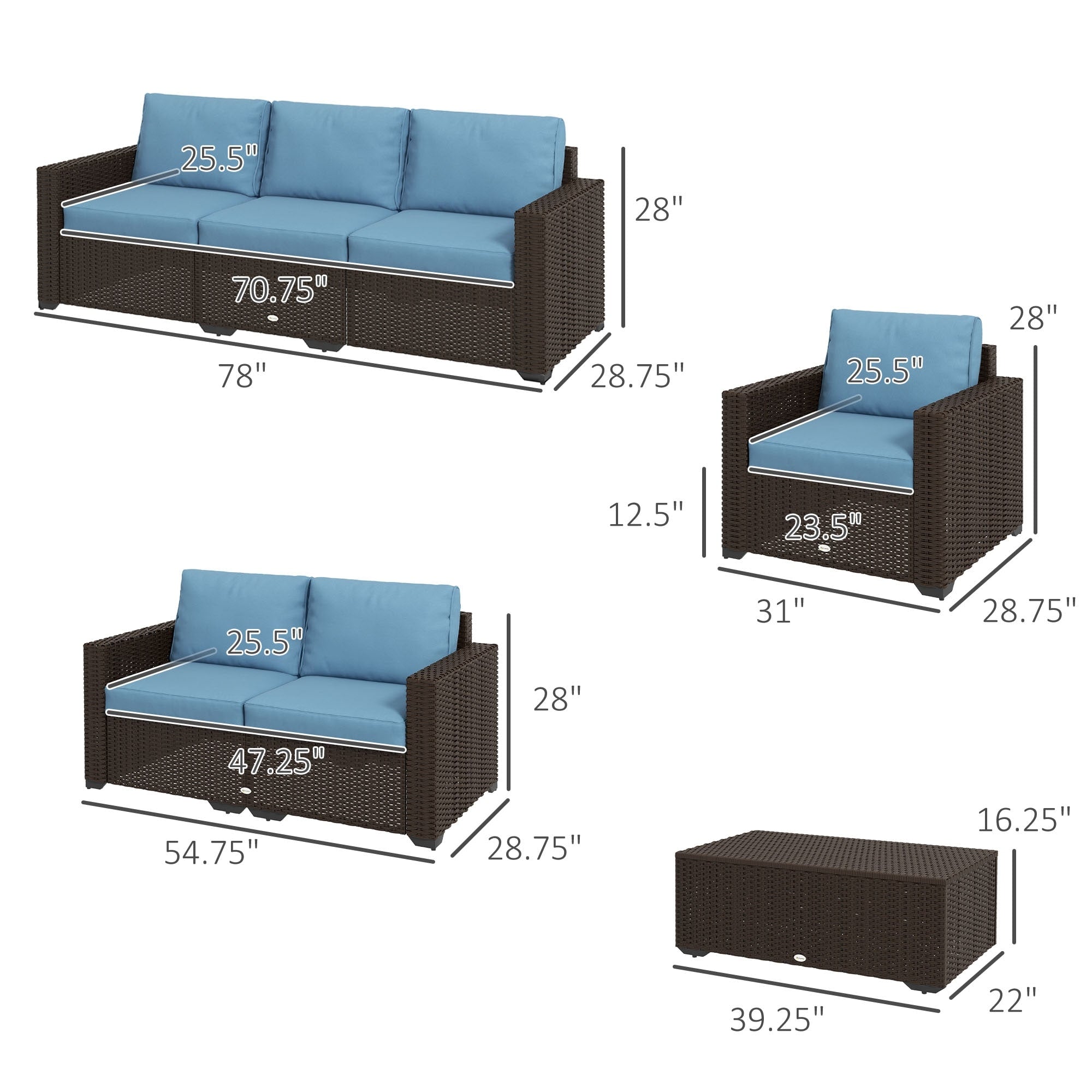 Ensemble de meubles de jardin Outsunny 5 pièces en osier avec coussins épais et rembourrés, canapé sectionnel d'extérieur en rotin PE