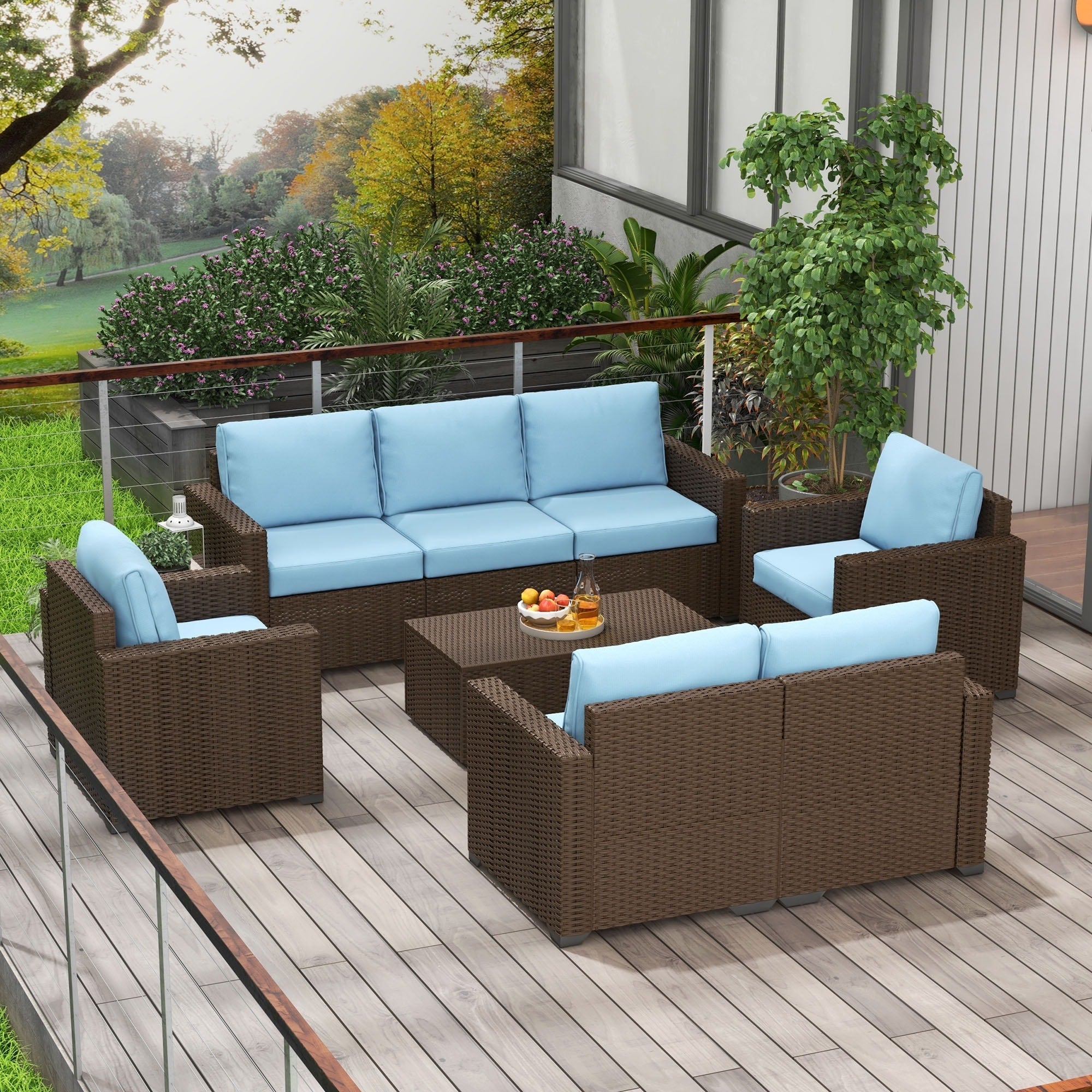 Ensemble de meubles de jardin Outsunny 5 pièces en osier avec coussins épais et rembourrés, canapé sectionnel d'extérieur en rotin PE