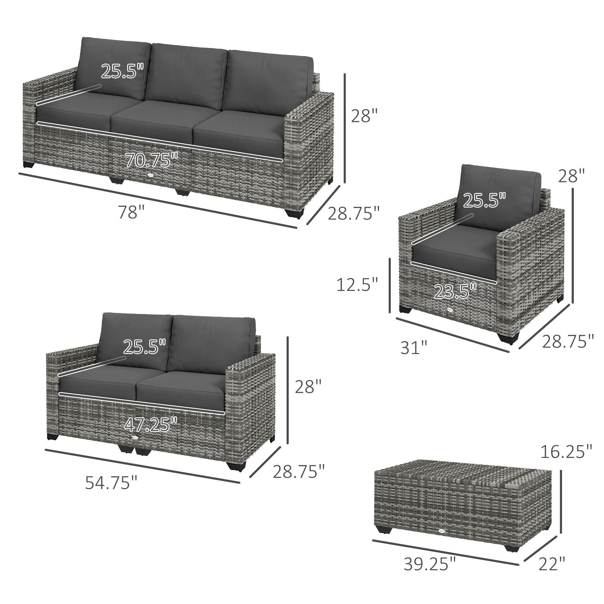 Ensemble de meubles de jardin Outsunny 5 pièces en osier avec coussins épais et rembourrés, canapé sectionnel d'extérieur en rotin PE