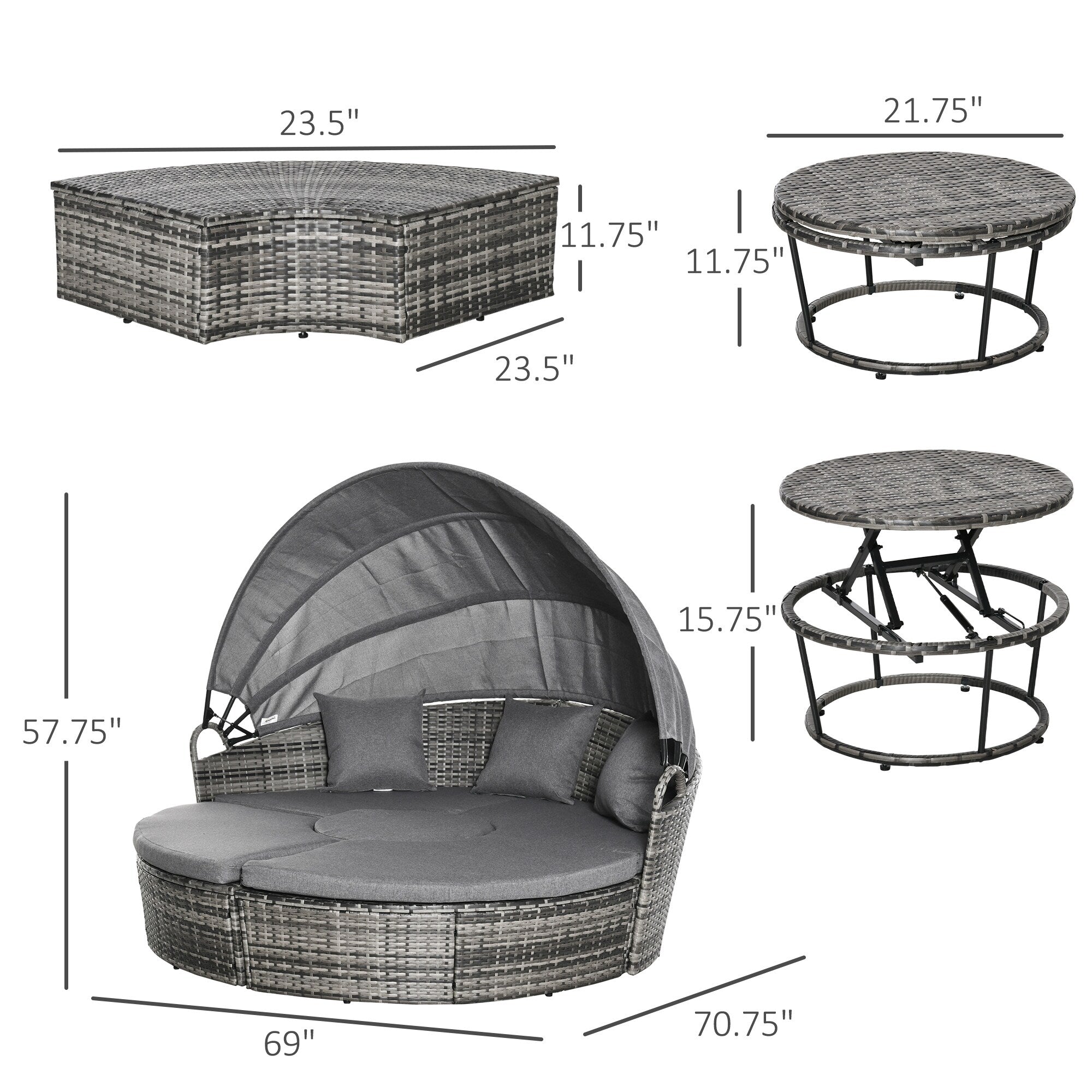 Ensemble de salon de jardin Outsunny 5 pièces en osier PE, ensemble de meubles de jardin en rotin, canapé-lit rond