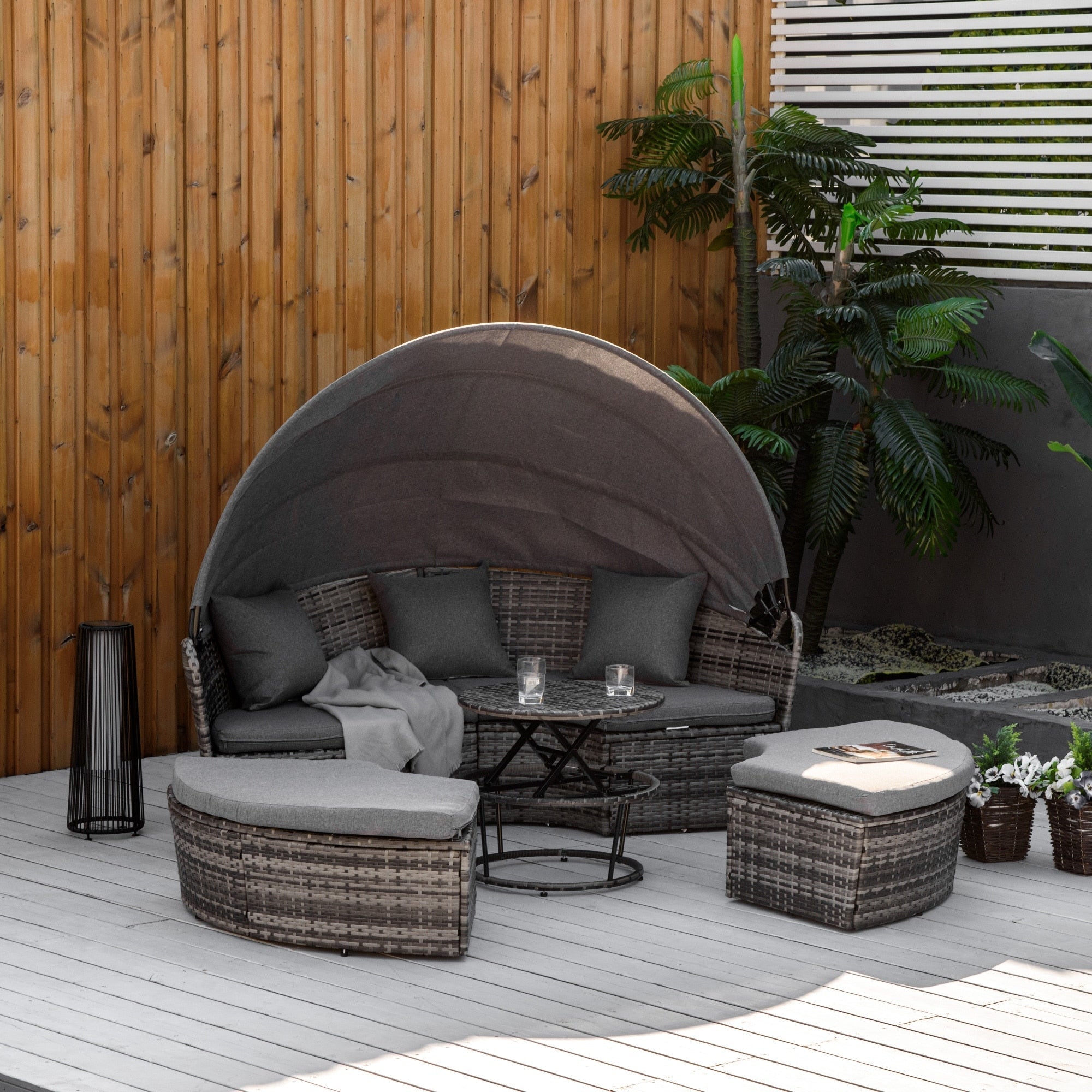 Ensemble de salon de jardin Outsunny 5 pièces en osier PE, ensemble de meubles de jardin en rotin, canapé-lit rond