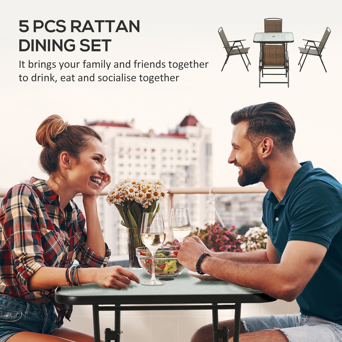 Ensemble de salle à manger de jardin Outsunny 5 pièces en osier, table et chaises d'extérieur pliables, ensemble de salle à manger en osier avec trou pour parasol