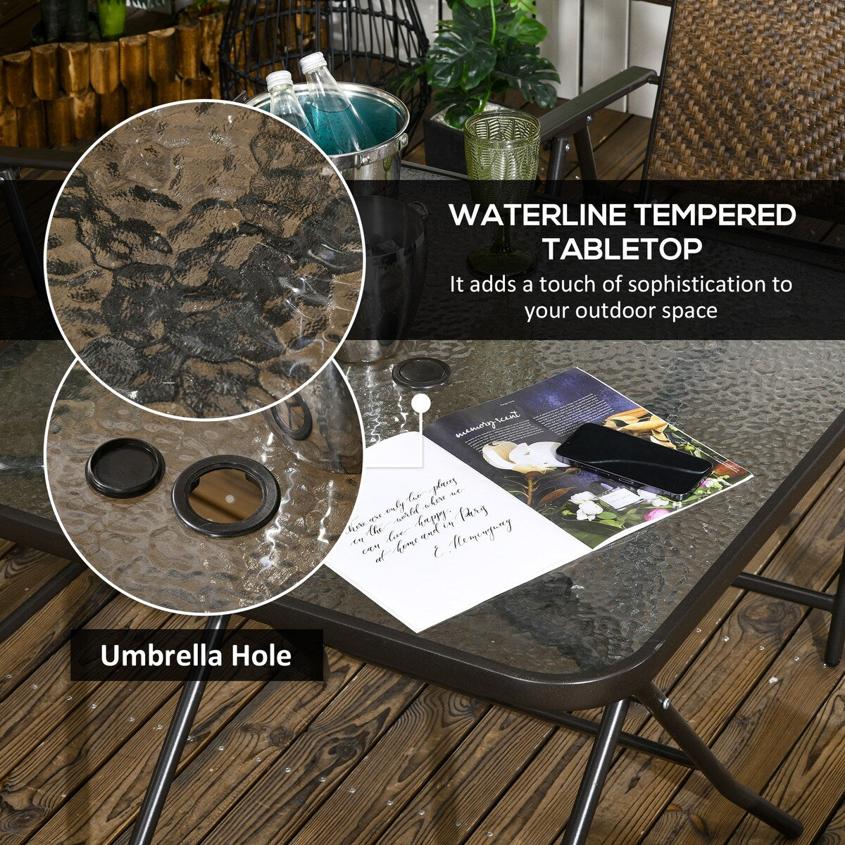 Ensemble de salle à manger de jardin Outsunny 5 pièces en osier, table et chaises d'extérieur pliables, ensemble de salle à manger en osier avec trou pour parasol