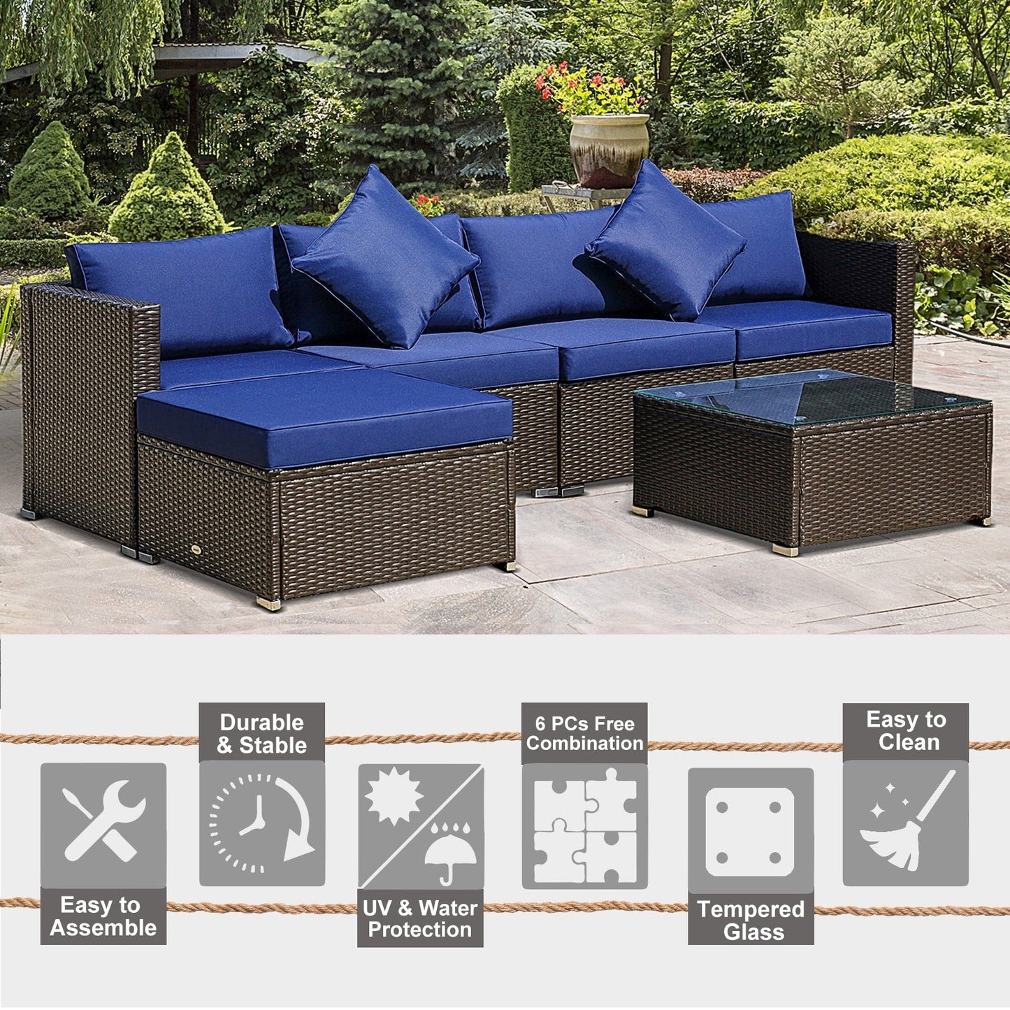 Ensemble de meubles de jardin Outsunny 6 pièces en rotin avec coussins en coton confortables et housses amovibles