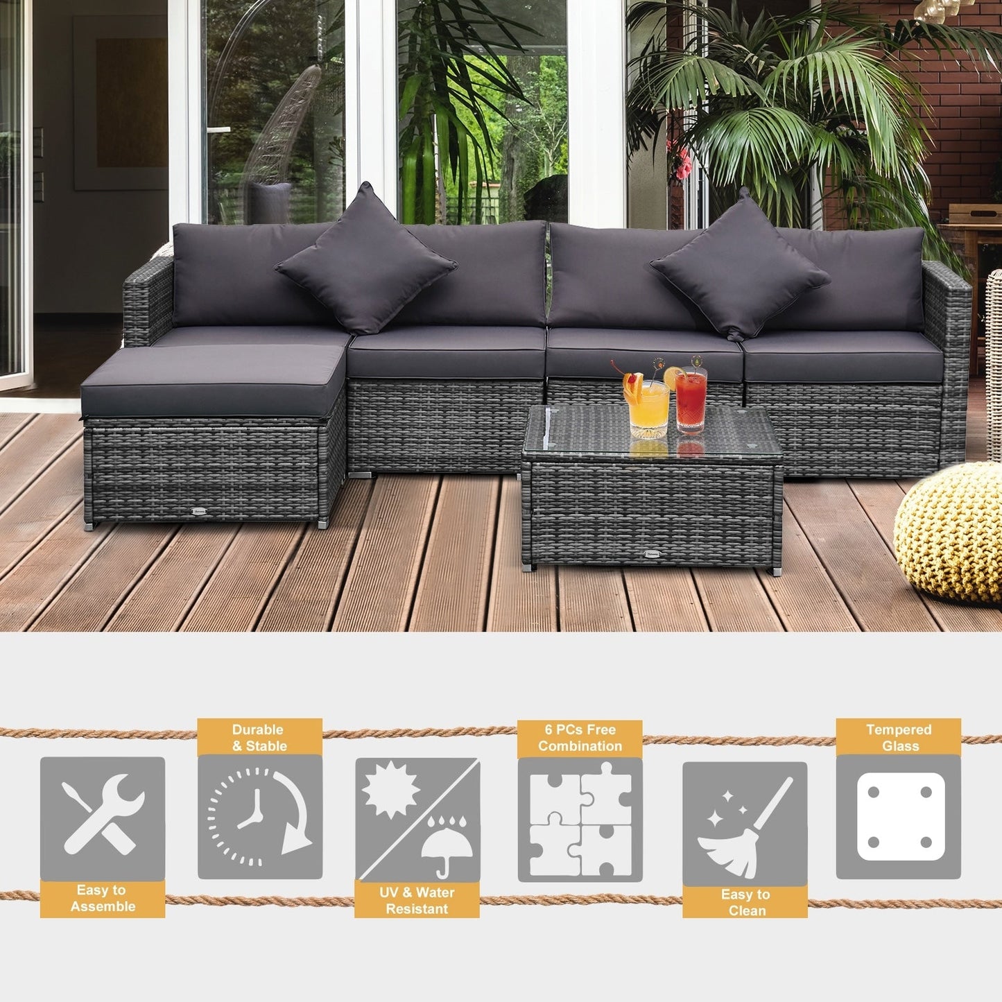 Ensemble de meubles de jardin Outsunny 6 pièces en rotin avec coussins en coton confortables et housses amovibles