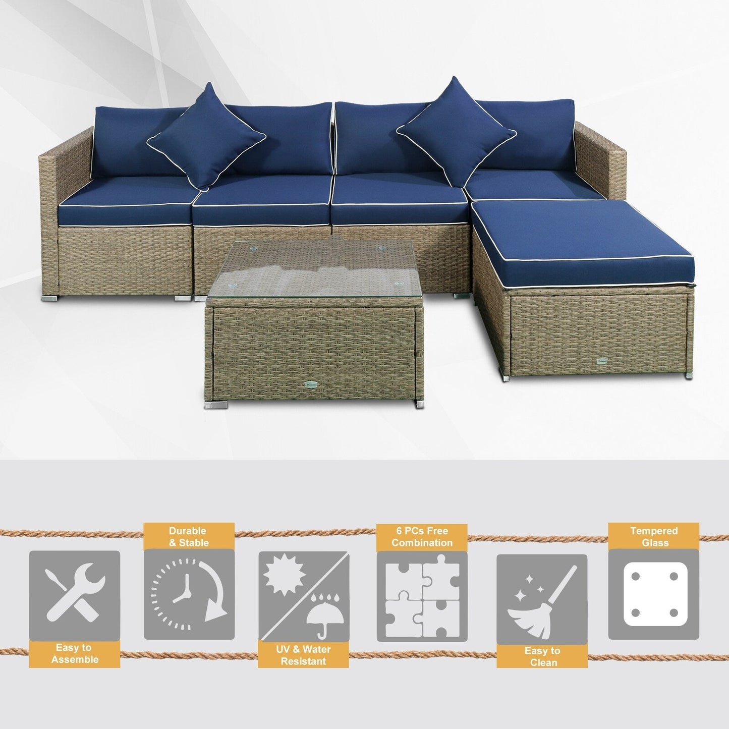 Ensemble de meubles de jardin Outsunny 6 pièces en rotin avec coussins en coton confortables et housses amovibles